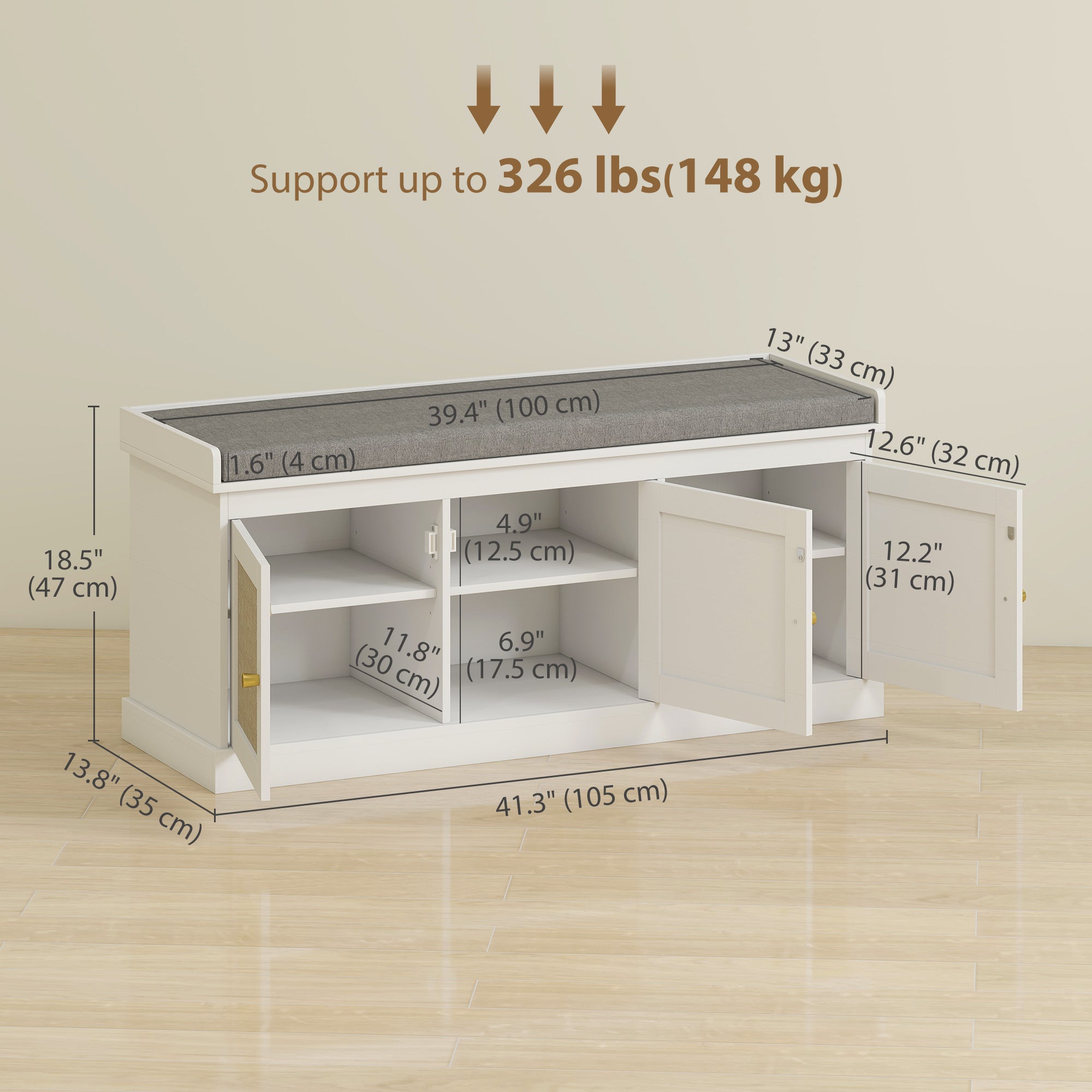 Shoe Storage Bench with Rattan Doors and Cushion - White-Home Furnishings > Storage & Organization > Shoe Storage Cabinets & Racks-DECOROLALA