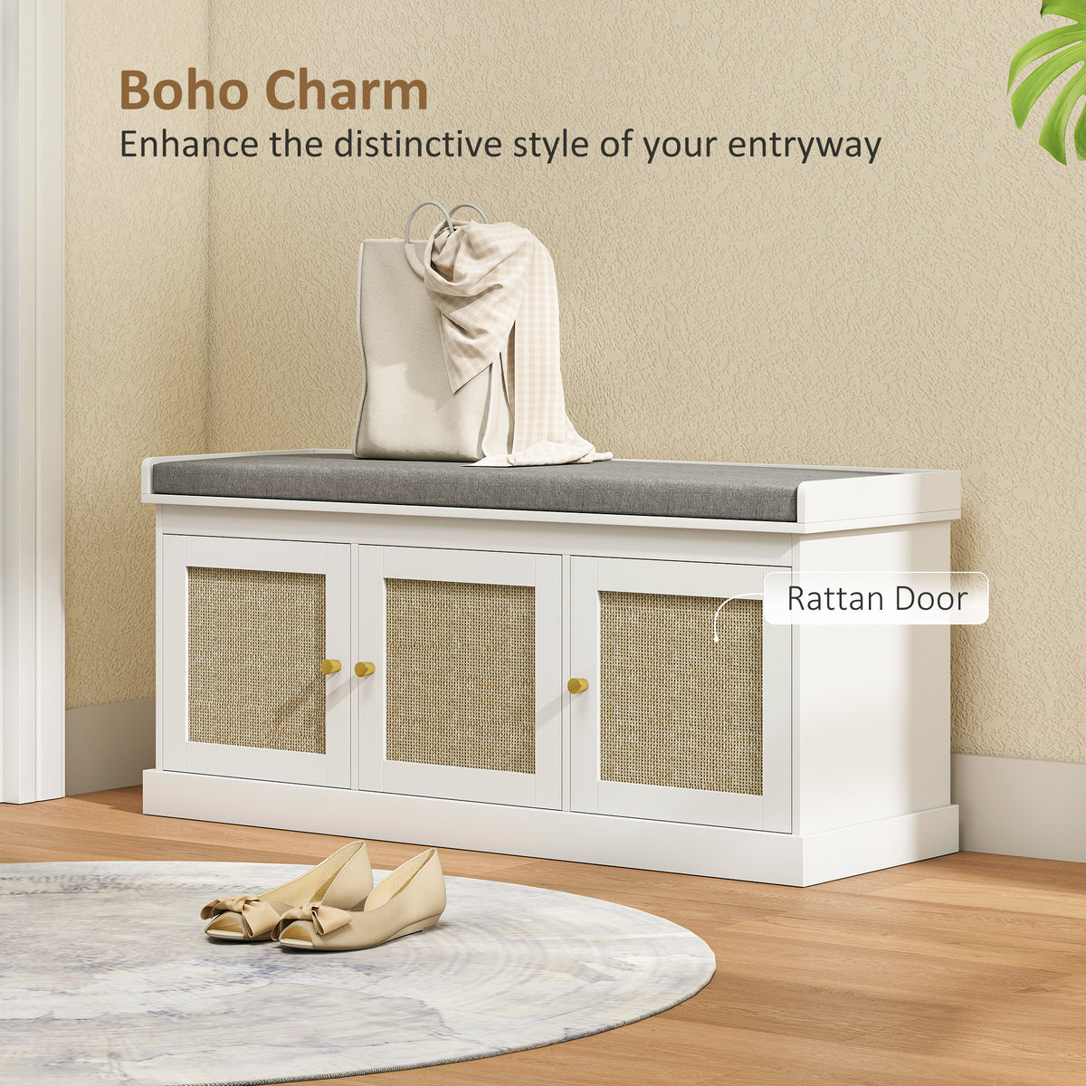 Shoe Storage Bench with Rattan Doors and Cushion - White-Home Furnishings > Storage & Organization > Shoe Storage Cabinets & Racks-DECOROLALA