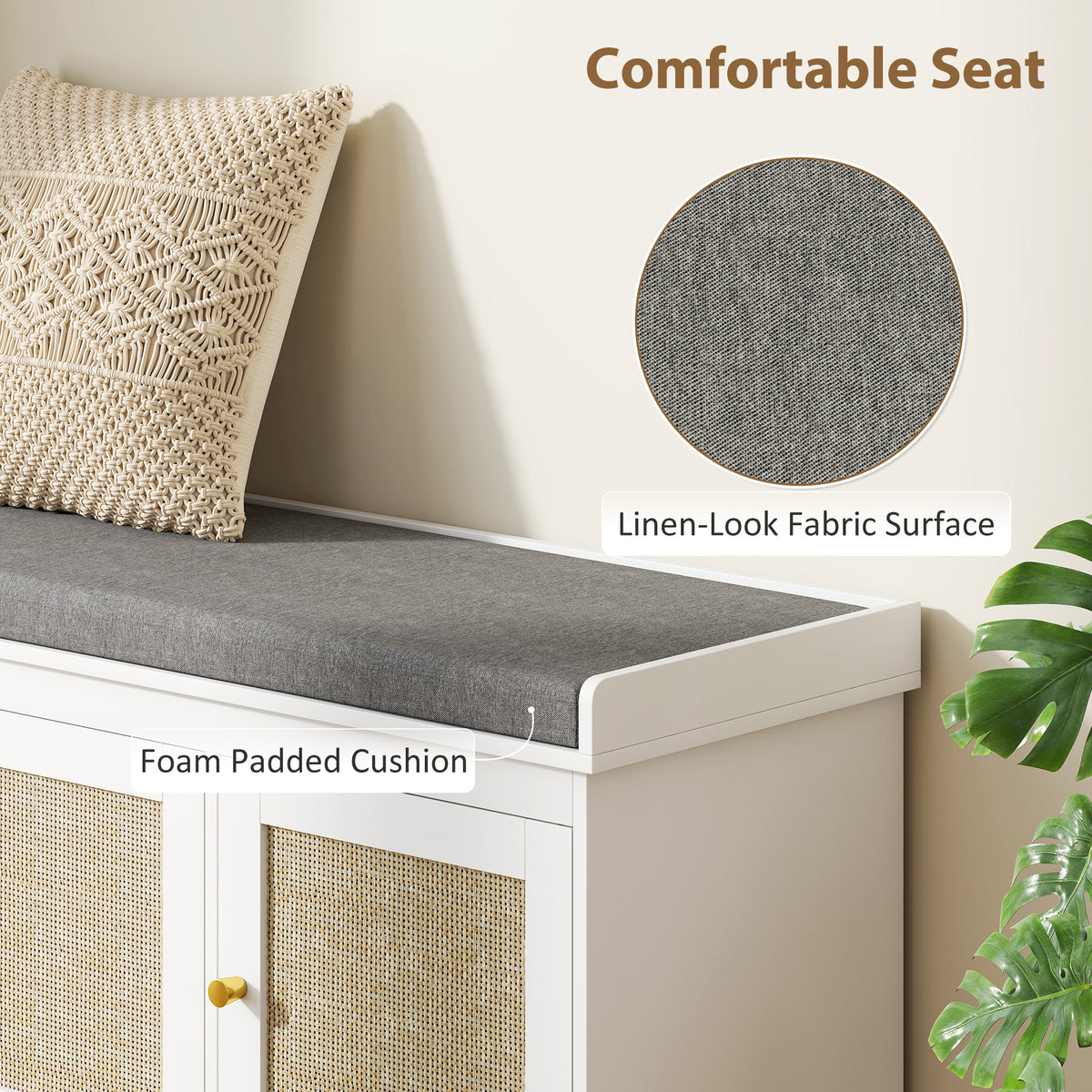 Shoe Storage Bench with Rattan Doors and Cushion - White-Home Furnishings > Storage & Organization > Shoe Storage Cabinets & Racks-DECOROLALA