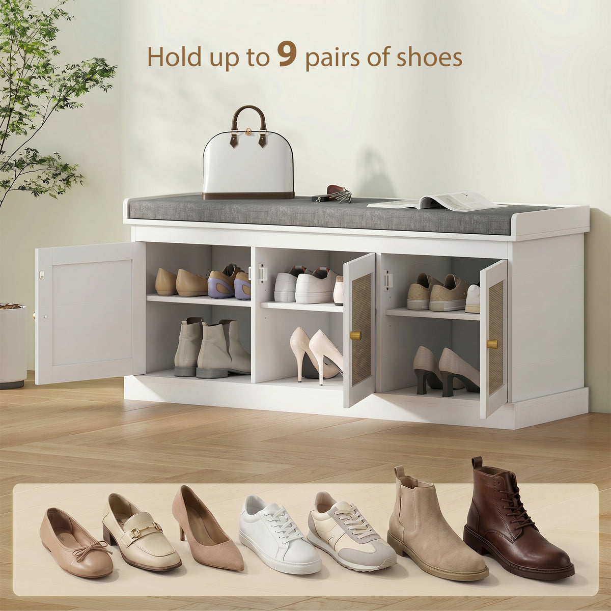 Shoe Storage Bench with Rattan Doors and Cushion - White-Home Furnishings > Storage & Organization > Shoe Storage Cabinets & Racks-DECOROLALA