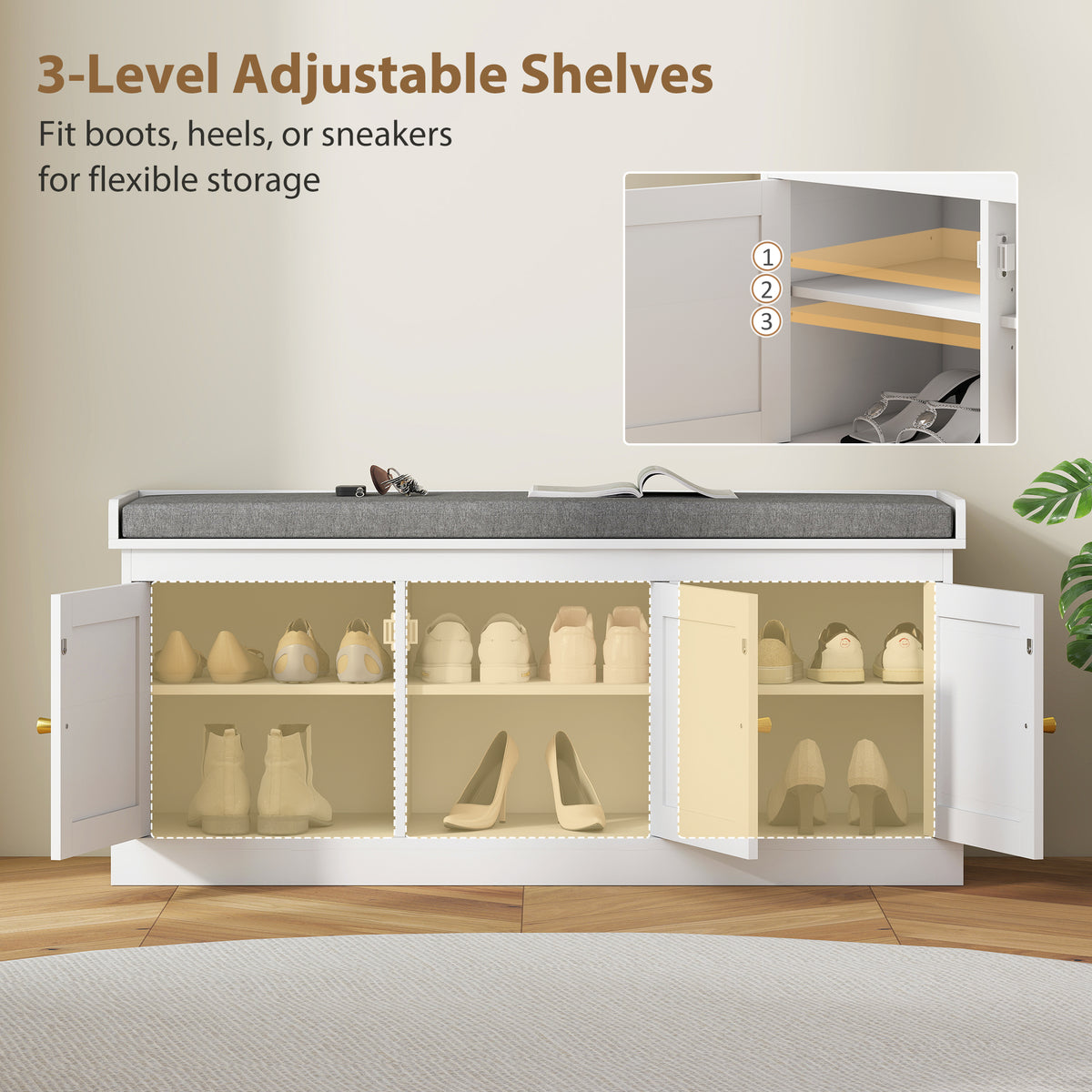Shoe Storage Bench with Rattan Doors and Cushion - White-Home Furnishings > Storage & Organization > Shoe Storage Cabinets & Racks-DECOROLALA
