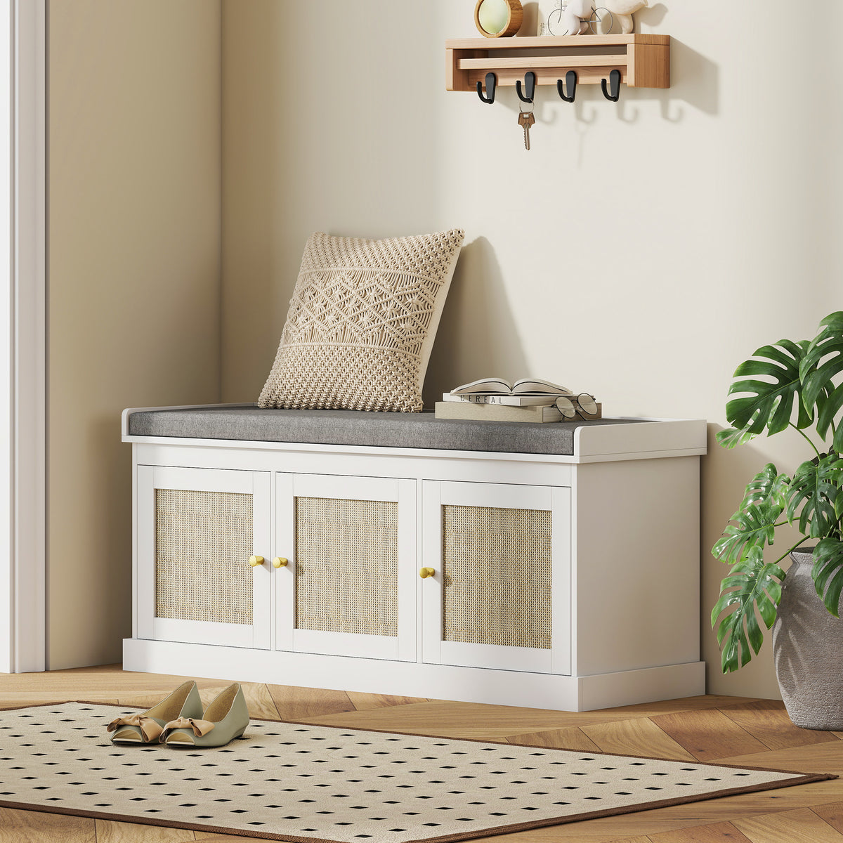Shoe Storage Bench with Rattan Doors and Cushion - White-Home Furnishings > Storage & Organization > Shoe Storage Cabinets & Racks-DECOROLALA
