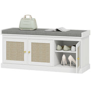 Shoe Storage Bench with Rattan Doors and Cushion - White-Home Furnishings > Storage & Organization > Shoe Storage Cabinets & Racks-DECOROLALA