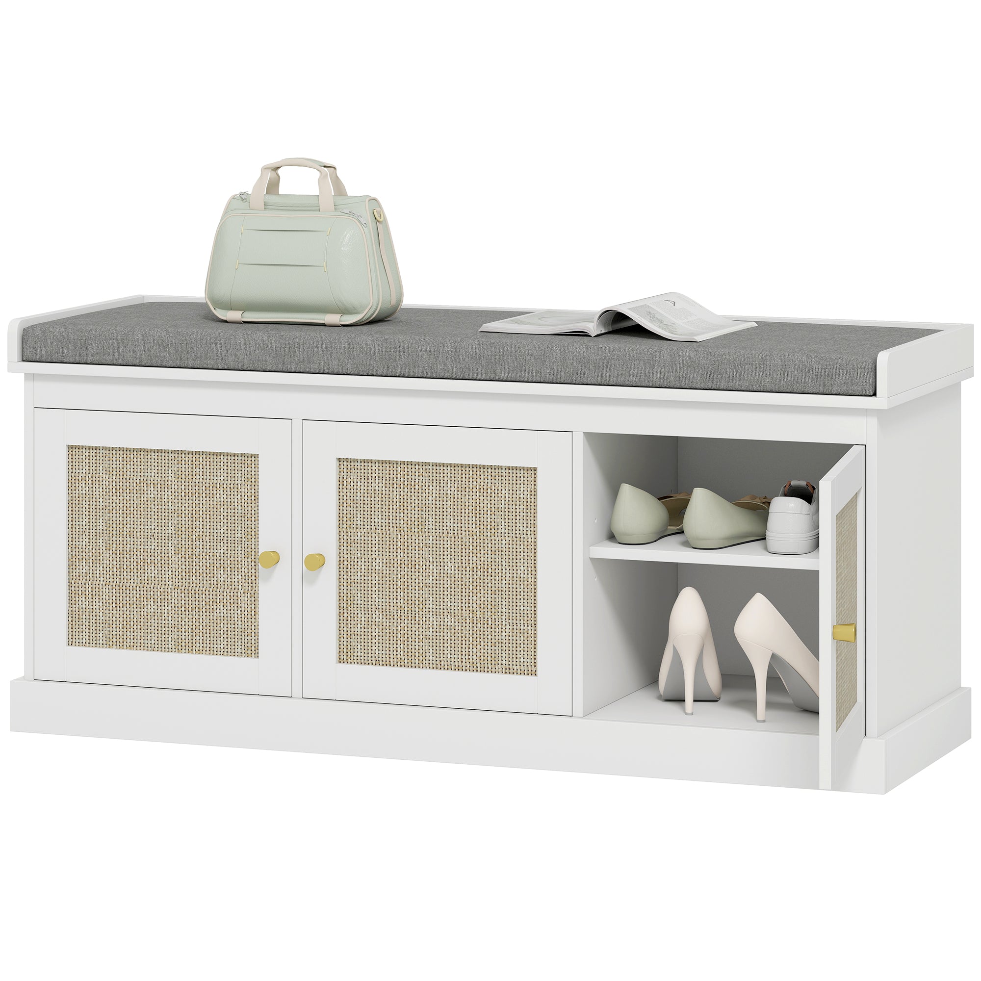 Shoe Storage Bench with Rattan Doors and Cushion - White-Home Furnishings > Storage & Organization > Shoe Storage Cabinets & Racks-DECOROLALA