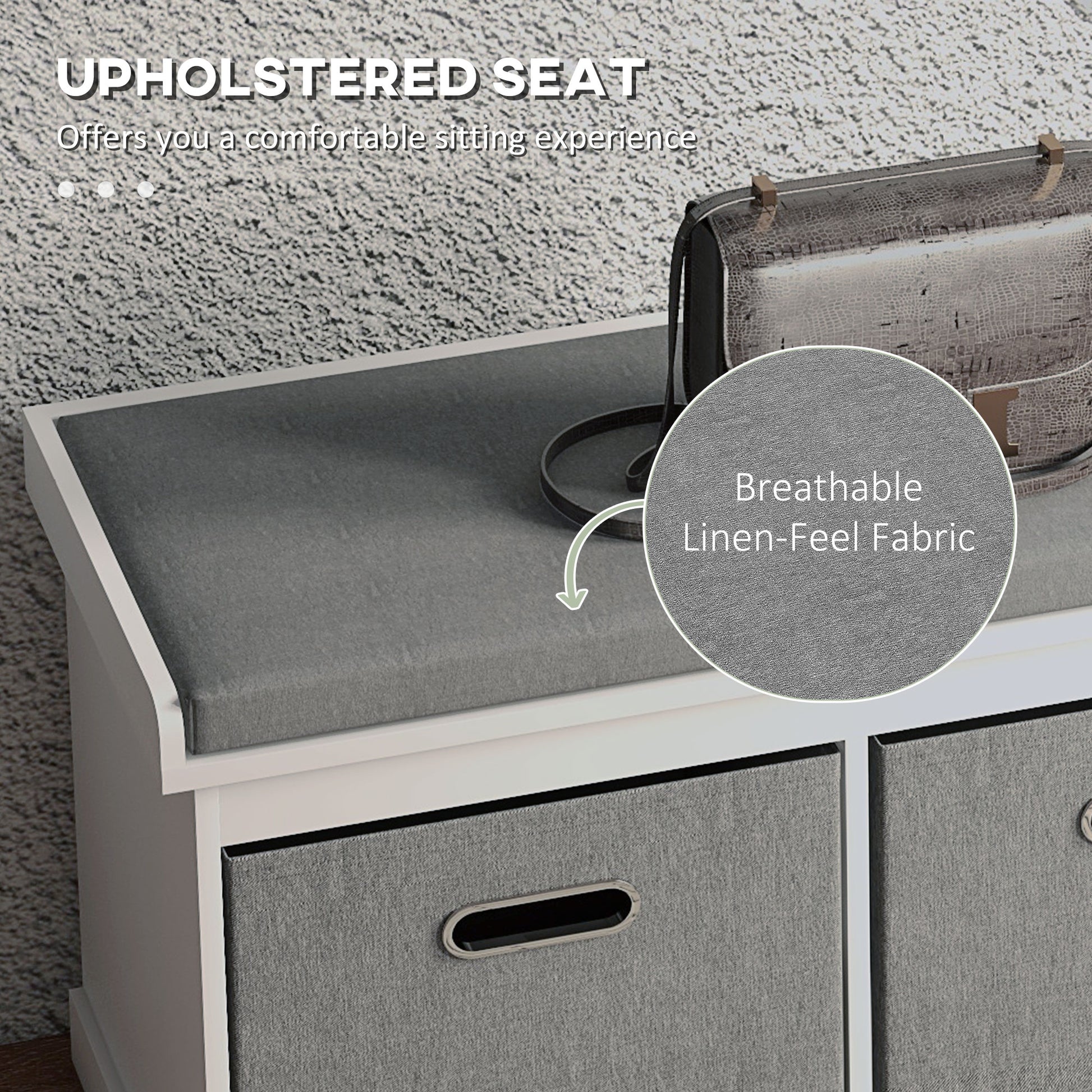 Shoe Storage Bench with Seat, Entryway Bench Seat with Cushion, 2 Fabric Drawers for Hallway, White-Home Furnishings > Storage & Organization > Shoe Storage Cabinets & Racks-DECOROLALA