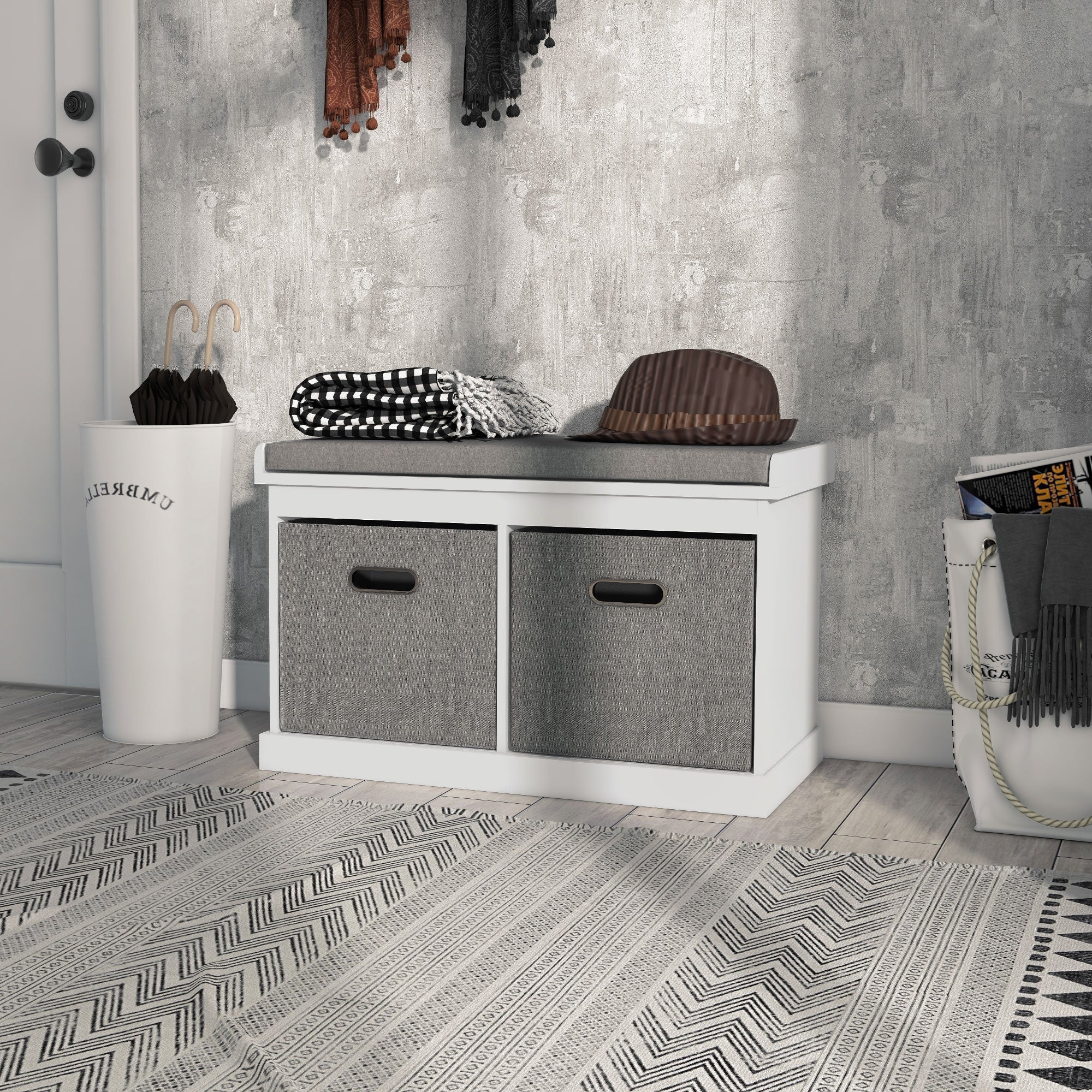 Shoe Storage Bench with Seat, Entryway Bench Seat with Cushion, 2 Fabric Drawers for Hallway, White-Home Furnishings > Storage & Organization > Shoe Storage Cabinets & Racks-DECOROLALA