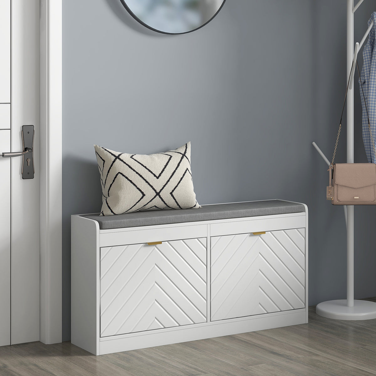 Shoe Storage Bench with Upholstered Seat - White-Home Furnishings > Storage & Organization > Shoe Storage Cabinets & Racks-DECOROLALA