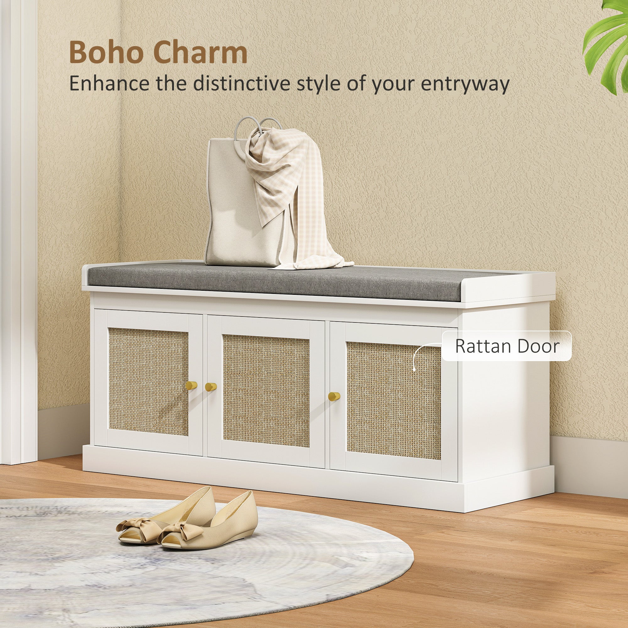 Shoe Storage Bench with Woven Rattan Doors, Shoe Bench with Cushion, Adjustable Shelves, Entryway Bench, White-Home Furnishings > Storage & Organization > Shoe Storage Cabinets & Racks-DECOROLALA