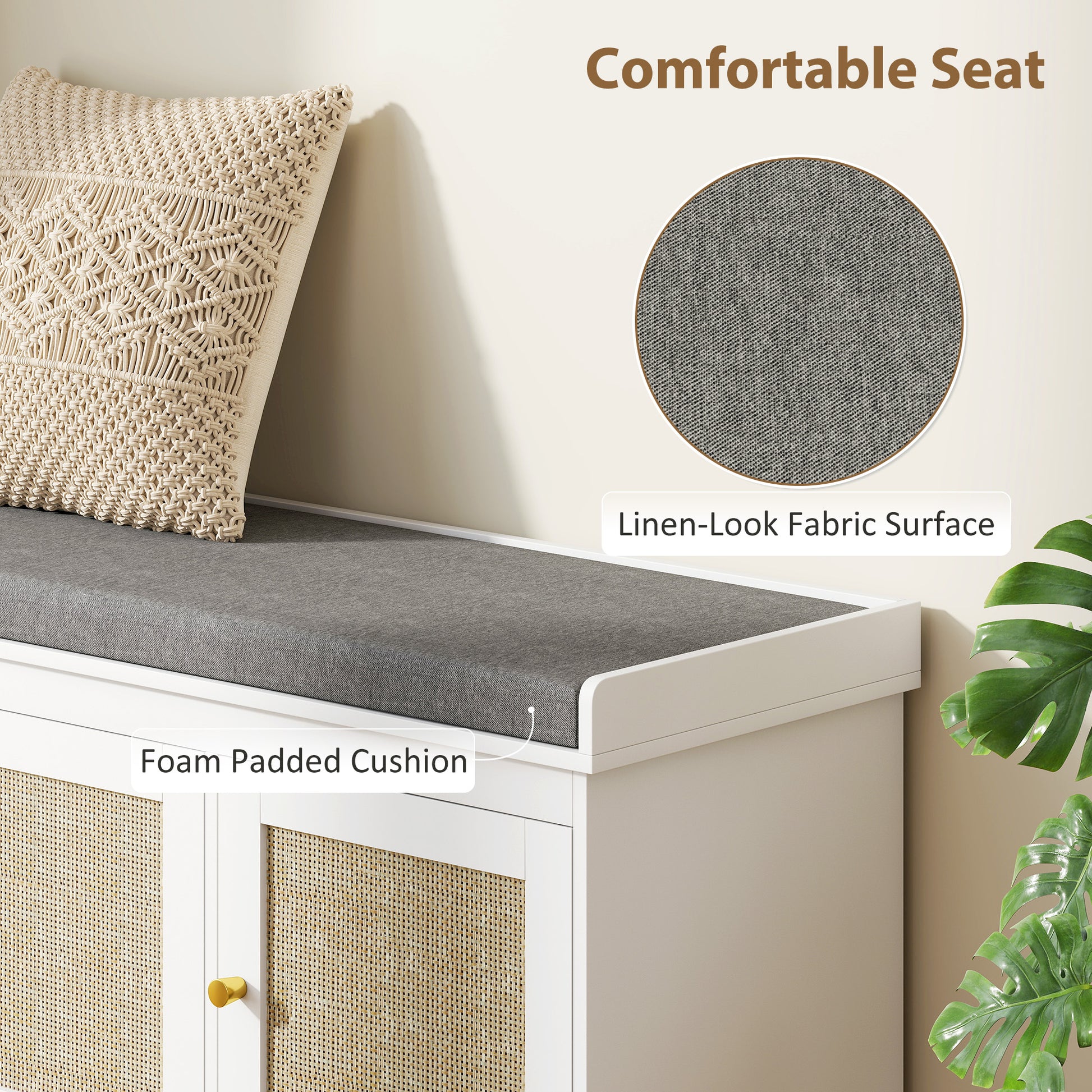 Shoe Storage Bench with Woven Rattan Doors, Shoe Bench with Cushion, Adjustable Shelves, Entryway Bench, White-Home Furnishings > Storage & Organization > Shoe Storage Cabinets & Racks-DECOROLALA