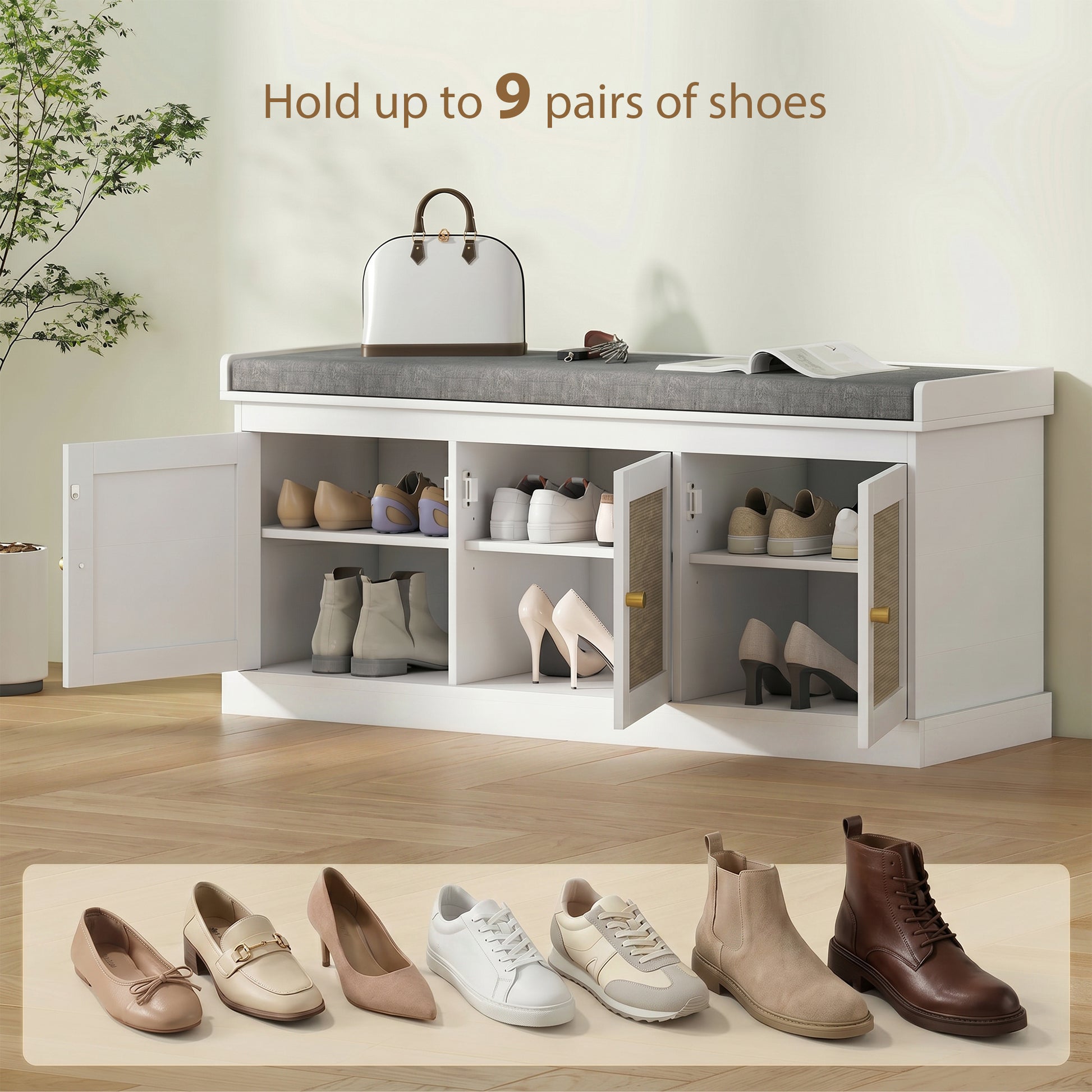 Shoe Storage Bench with Woven Rattan Doors, Shoe Bench with Cushion, Adjustable Shelves, Entryway Bench, White-Home Furnishings > Storage & Organization > Shoe Storage Cabinets & Racks-DECOROLALA