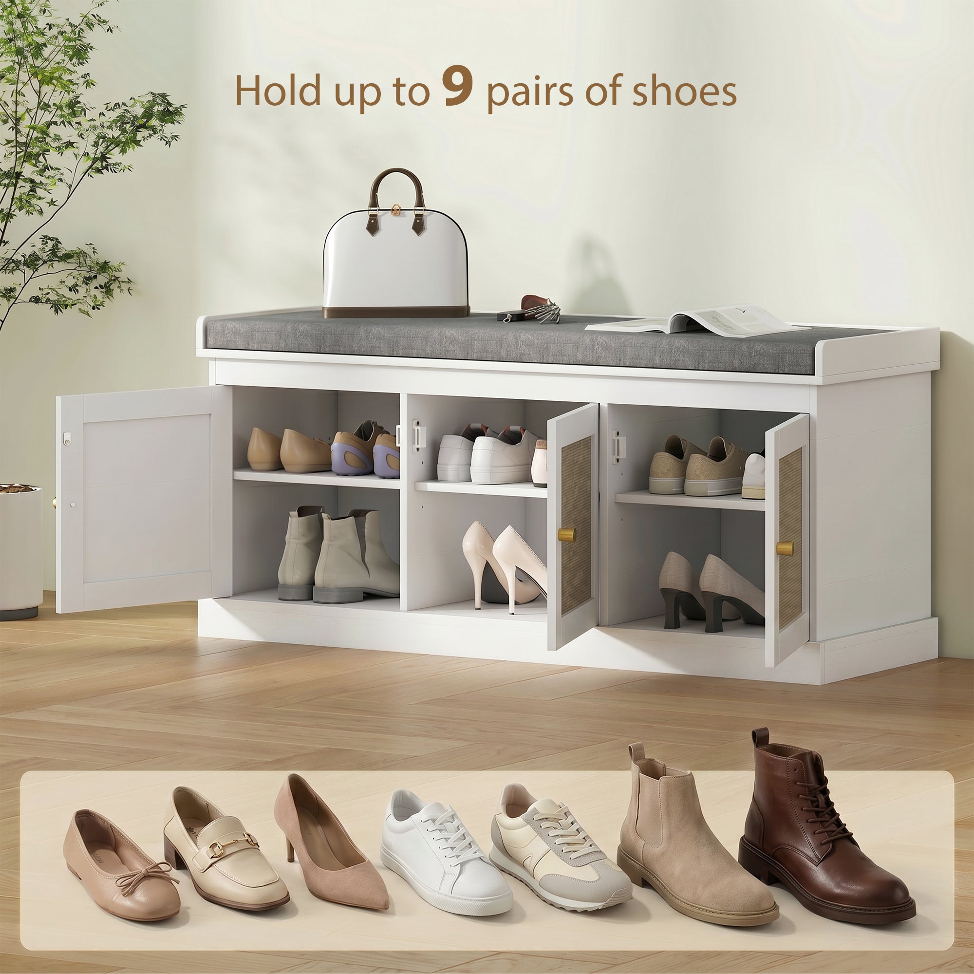 Shoe Storage Bench with Woven Rattan Doors, Shoe Bench with Cushion, Adjustable Shelves, Entryway Bench, White-Home Furnishings > Storage & Organization > Shoe Storage Cabinets & Racks-DECOROLALA