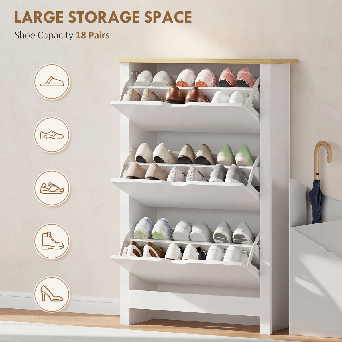 Shoe Storage Cabinet - 3 Flip Drawers 12-18 Pairs White-Home Furnishings > Storage & Organization > Shoe Storage Cabinets & Racks-DECOROLALA