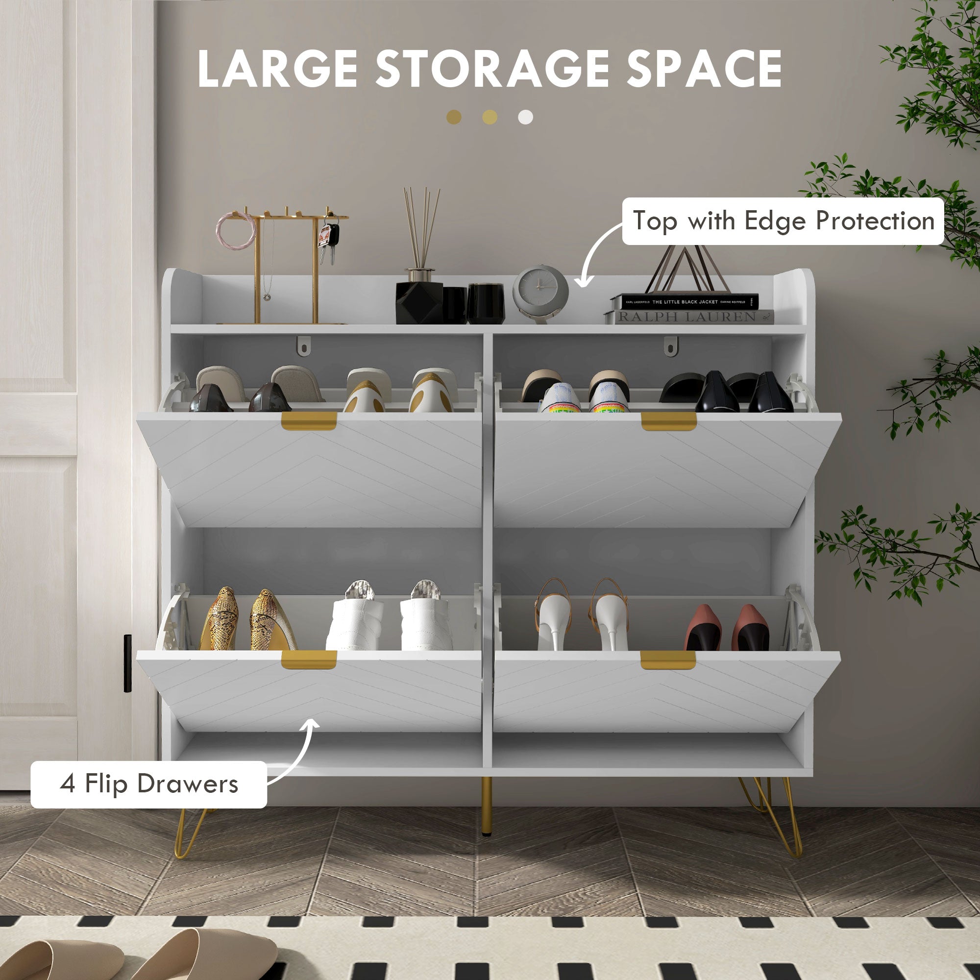 Shoe Storage Cabinet - 4 Flip Drawers 16-Pair White-DECOROLALA