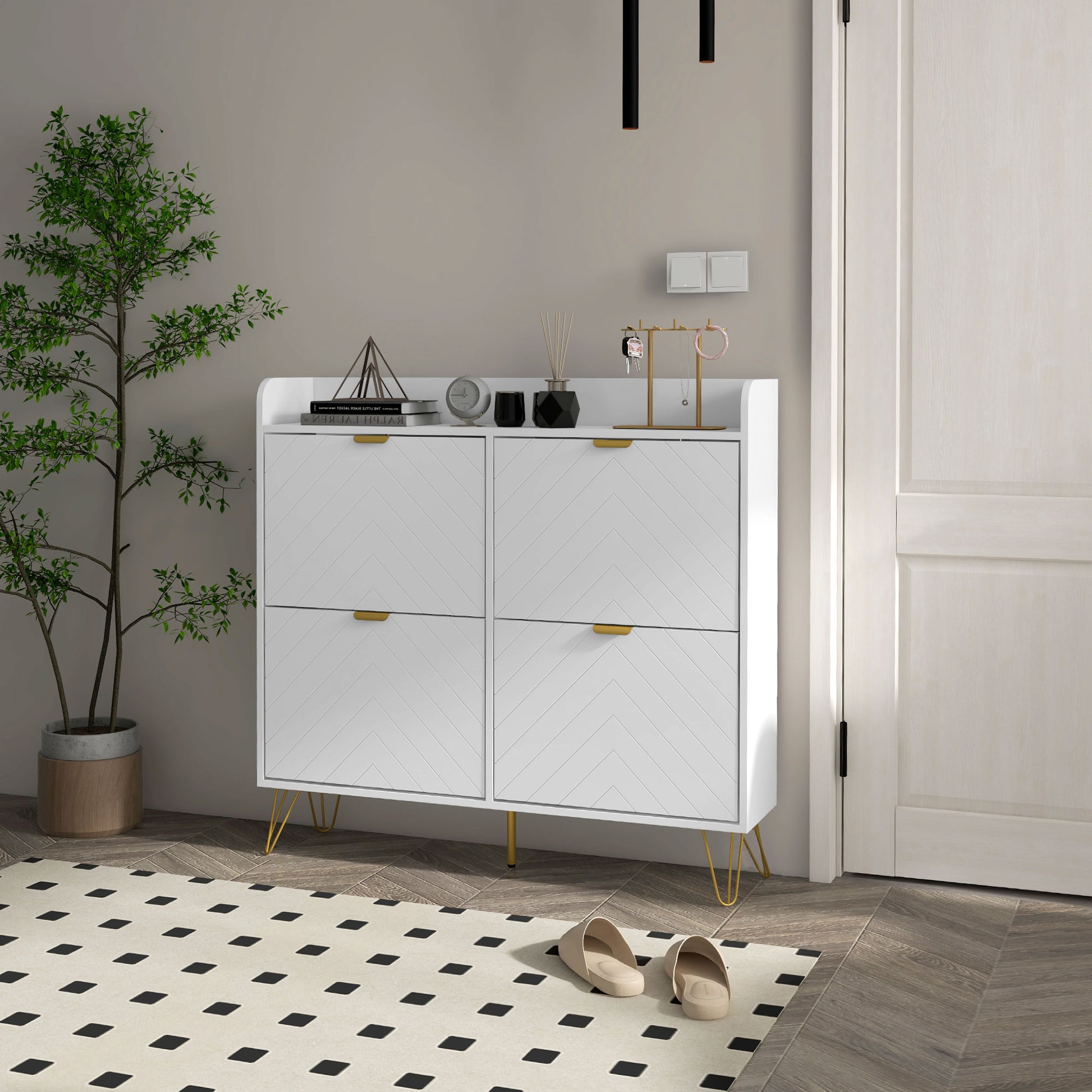 Shoe Storage Cabinet - 4 Flip Drawers 16-Pair White-DECOROLALA