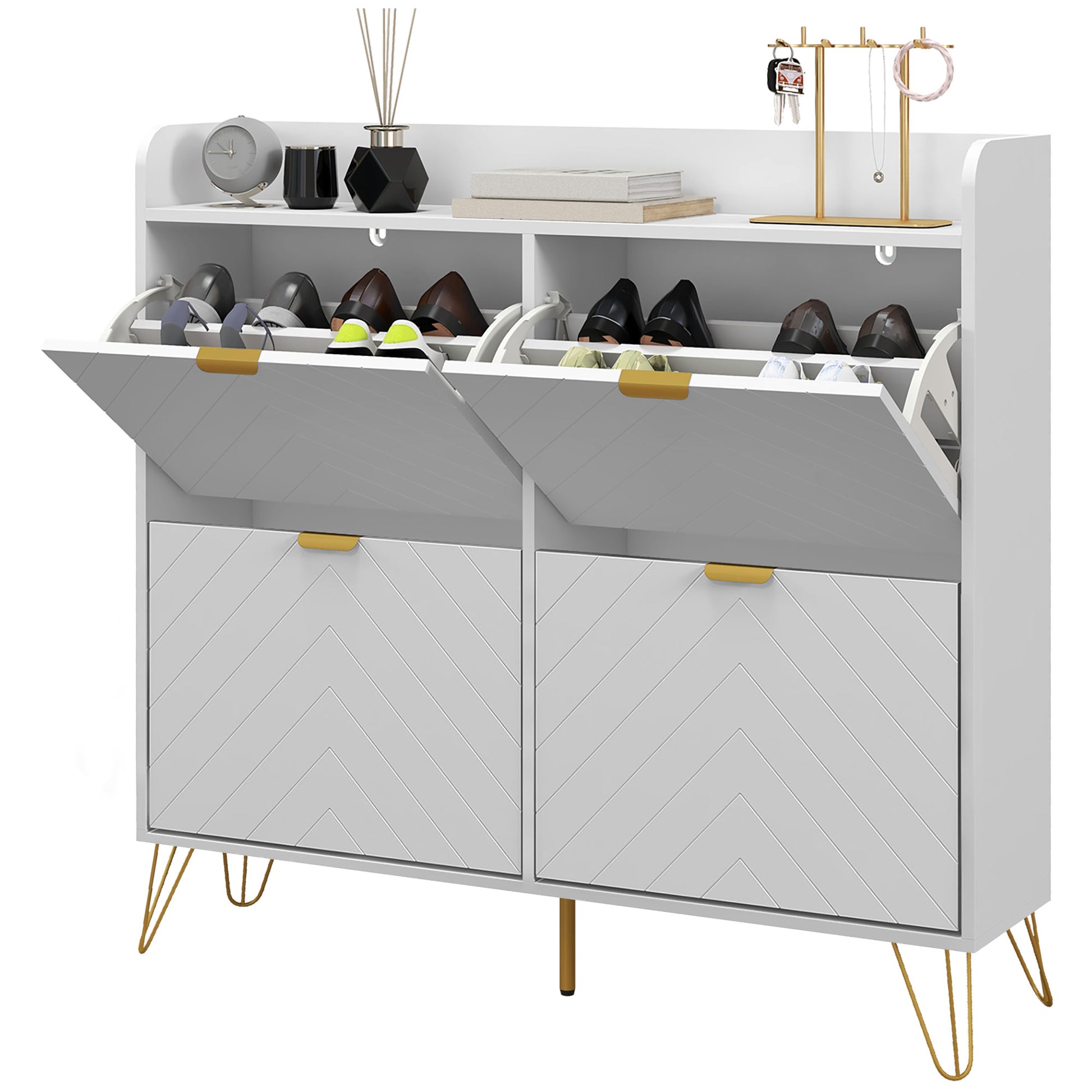 Shoe Storage Cabinet - 4 Flip Drawers 16-Pair White-DECOROLALA