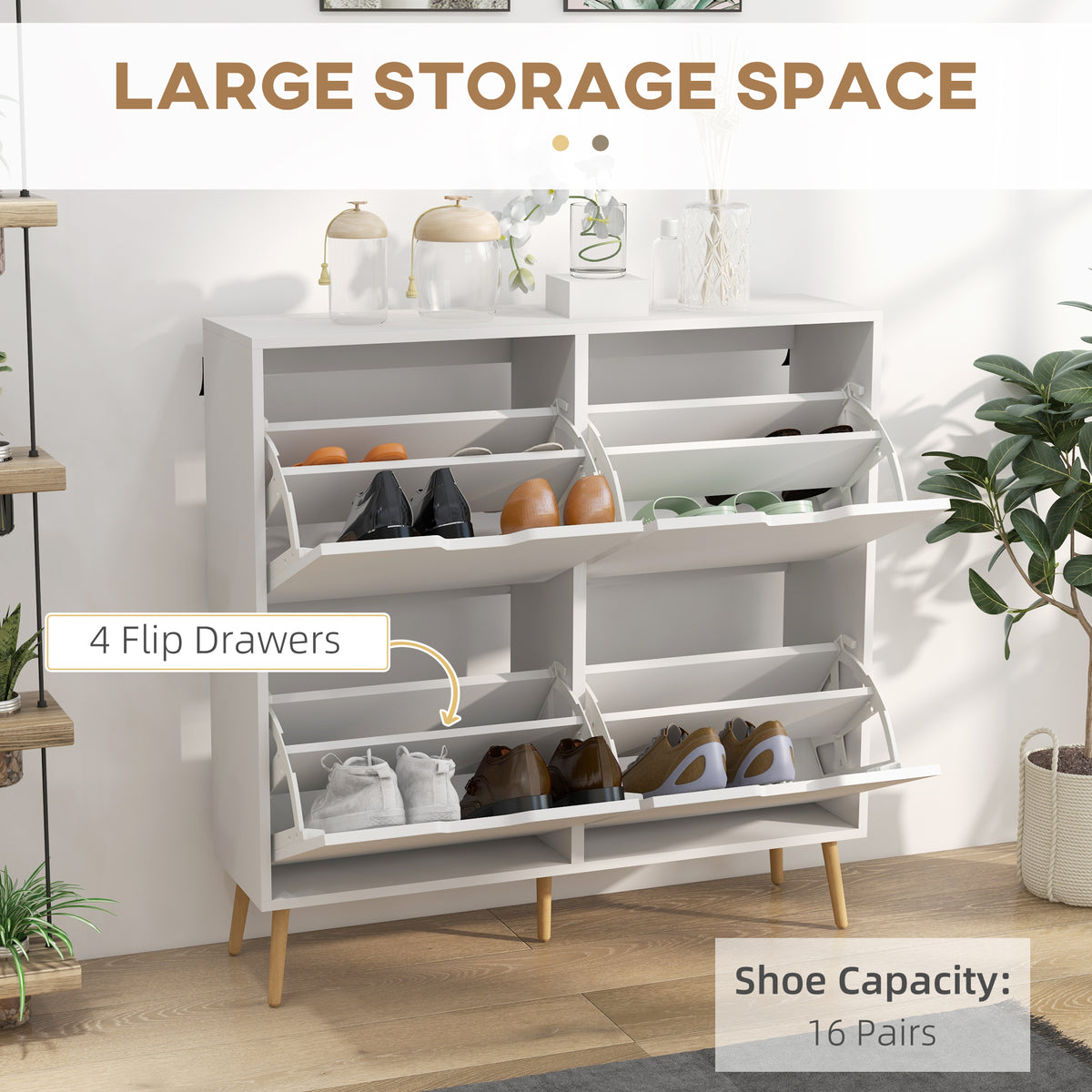 Shoe Storage Cabinet - 4 Flip Drawers White 37"-Home Furnishings > Storage & Organization > Shoe Storage Cabinets & Racks-DECOROLALA