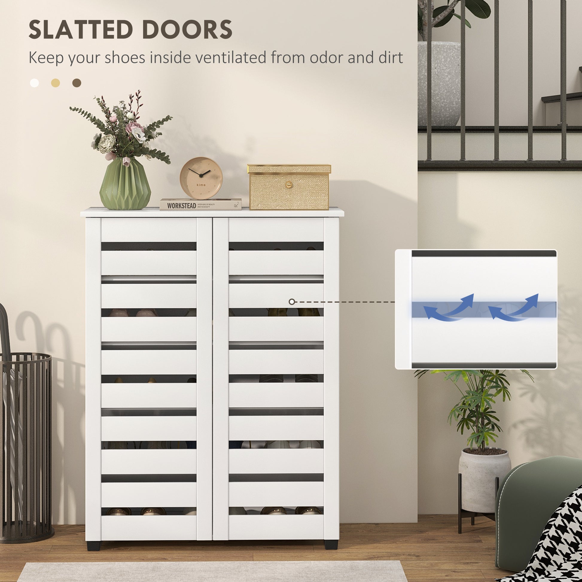 Shoe Storage Cabinet, Shoe Cabinet with 2 Slatted Doors for 15 Pairs of Shoes, White-Home Furnishings > Storage & Organization > Shoe Storage Cabinets & Racks-DECOROLALA