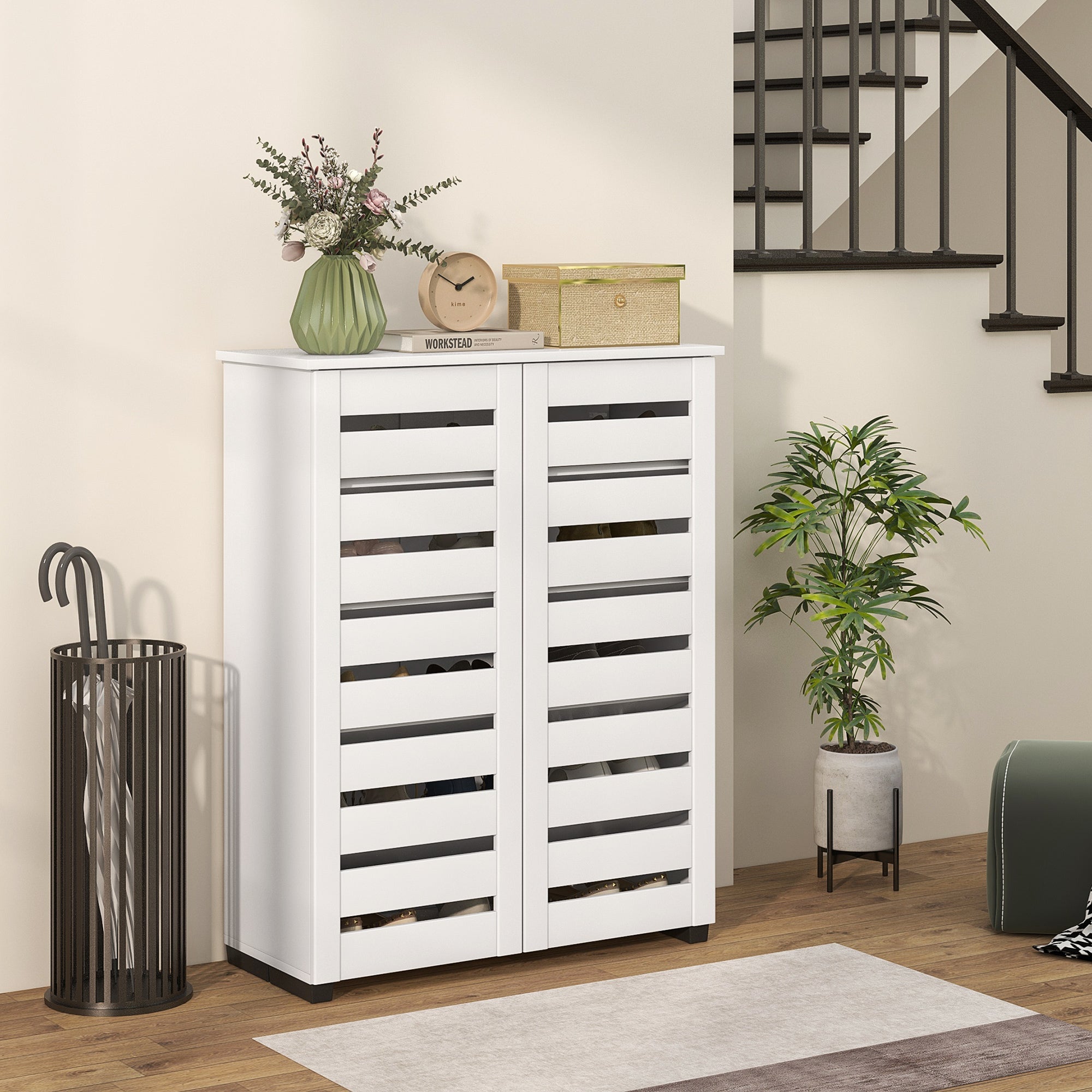 Shoe Storage Cabinet, Shoe Cabinet with 2 Slatted Doors for 15 Pairs of Shoes, White-Home Furnishings > Storage & Organization > Shoe Storage Cabinets & Racks-DECOROLALA