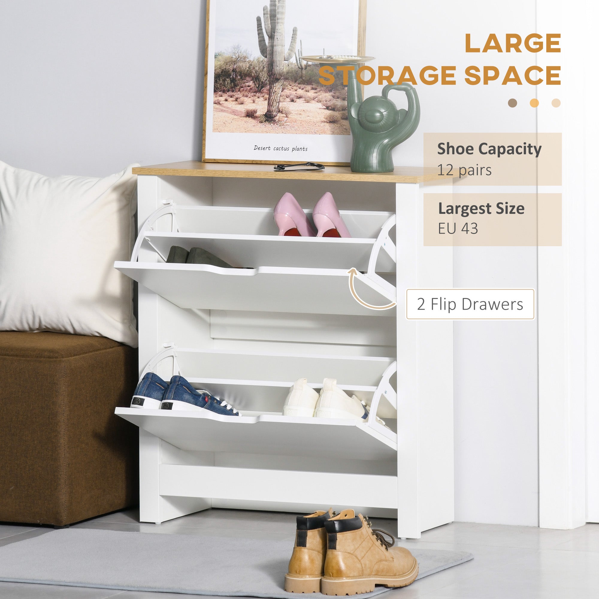 Shoe Storage Cabinet - White 2 Flip Drawers Slim Design-Home Furnishings > Storage & Organization > Shoe Storage Cabinets & Racks-DECOROLALA