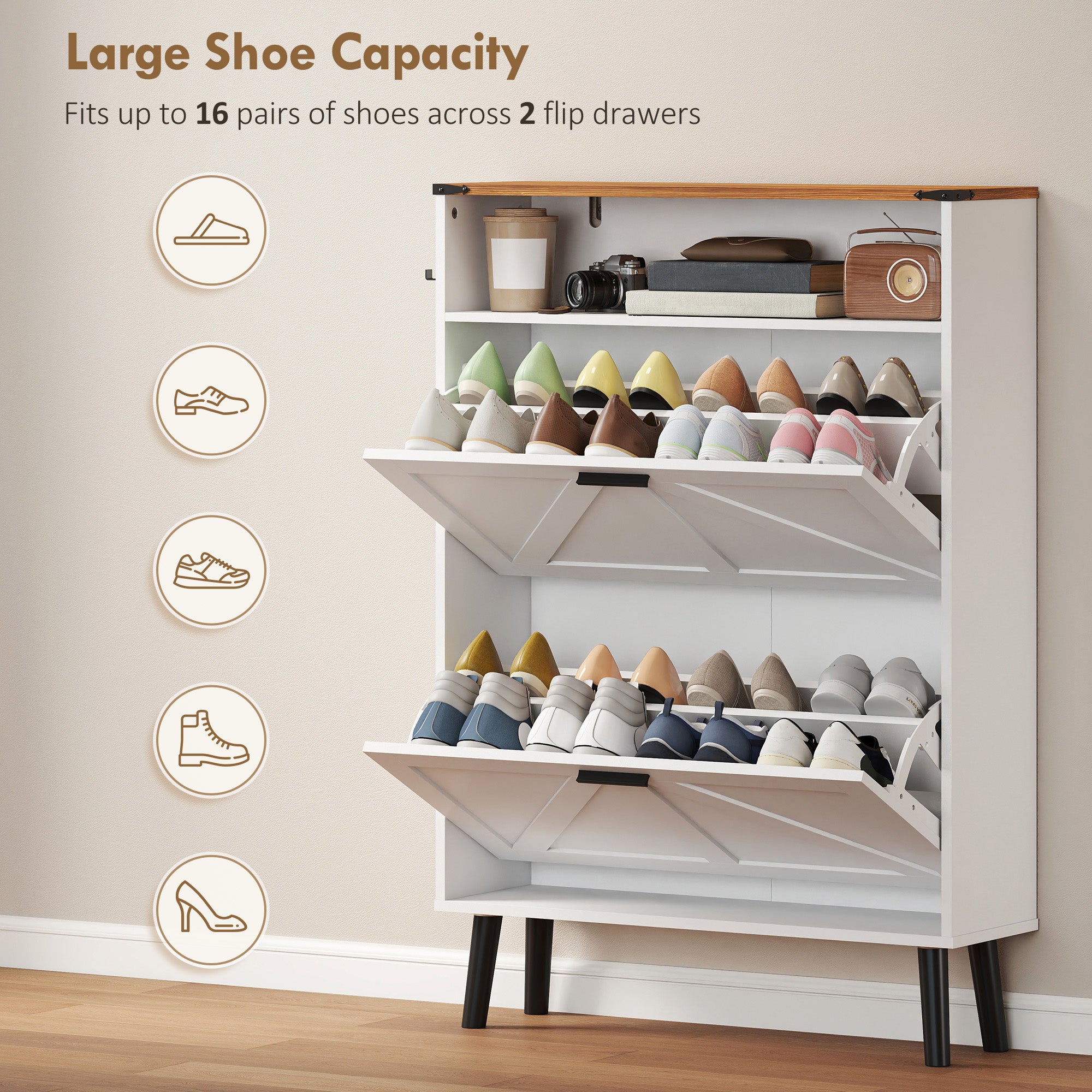 Shoe Storage Cabinet with 2 Flip Drawers, Farmhouse Narrow Shoe Cabinet, Holds Up to 16 Pairs, White-Home Furnishings > Storage & Organization > Shoe Storage Cabinets & Racks-DECOROLALA