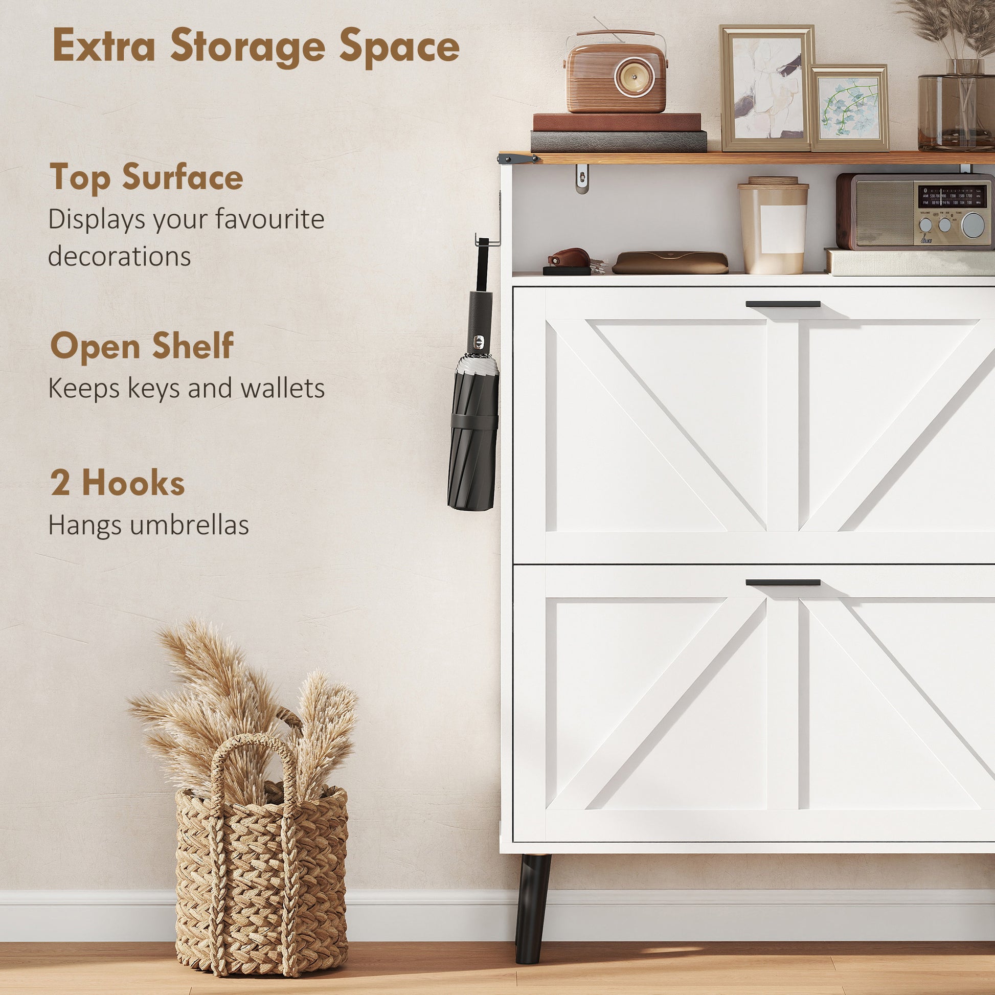 Shoe Storage Cabinet with 2 Flip Drawers, Farmhouse Narrow Shoe Cabinet, Holds Up to 16 Pairs, White-Home Furnishings > Storage & Organization > Shoe Storage Cabinets & Racks-DECOROLALA