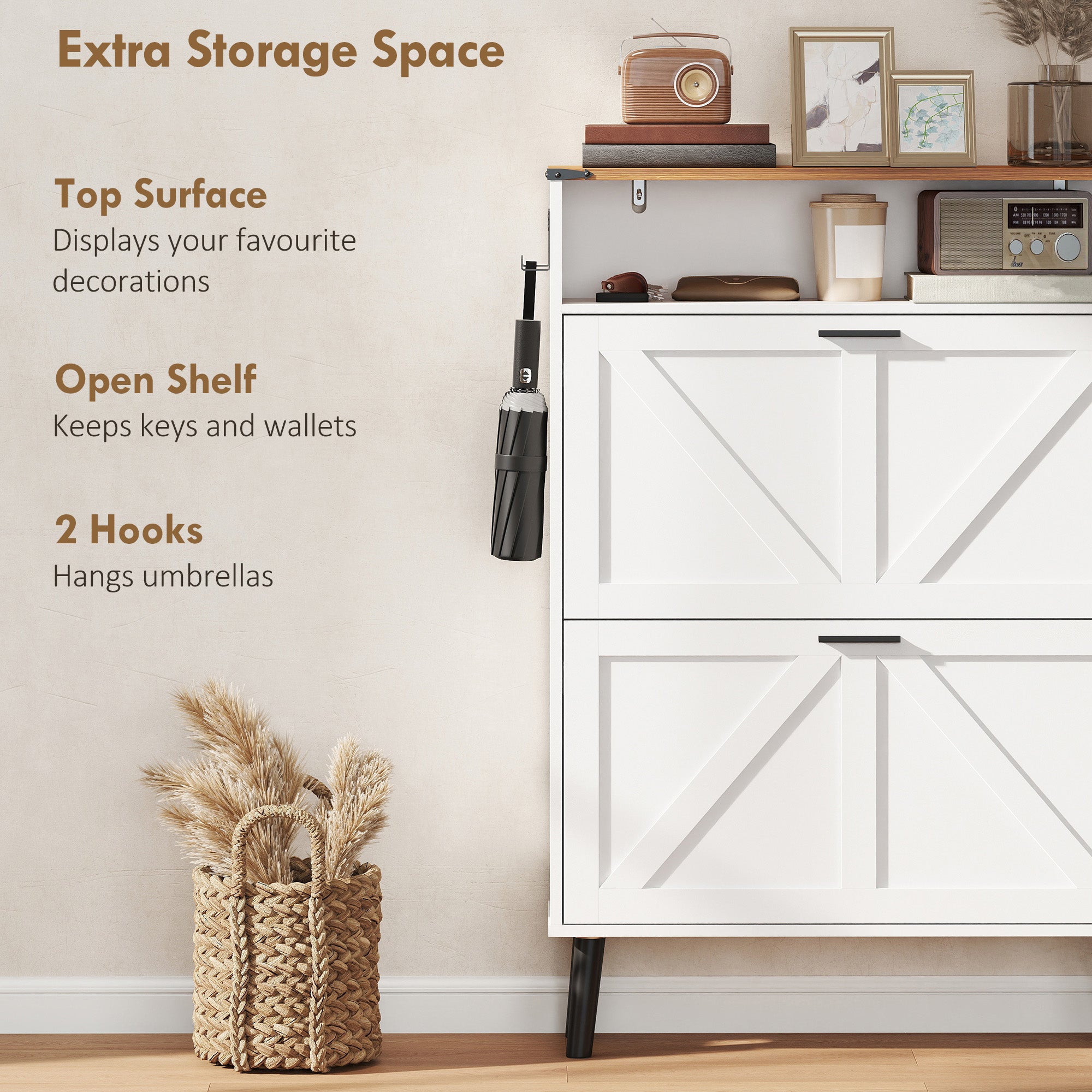 Shoe Storage Cabinet with 2 Flip Drawers, Farmhouse Narrow Shoe Cabinet, Holds Up to 16 Pairs, White-Home Furnishings > Storage & Organization > Shoe Storage Cabinets & Racks-DECOROLALA