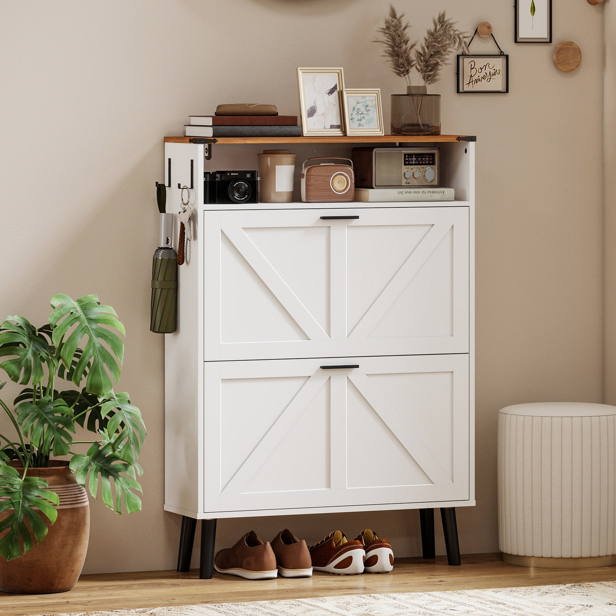 Shoe Storage Cabinet with 2 Flip Drawers, Farmhouse Narrow Shoe Cabinet, Holds Up to 16 Pairs, White-Home Furnishings > Storage & Organization > Shoe Storage Cabinets & Racks-DECOROLALA