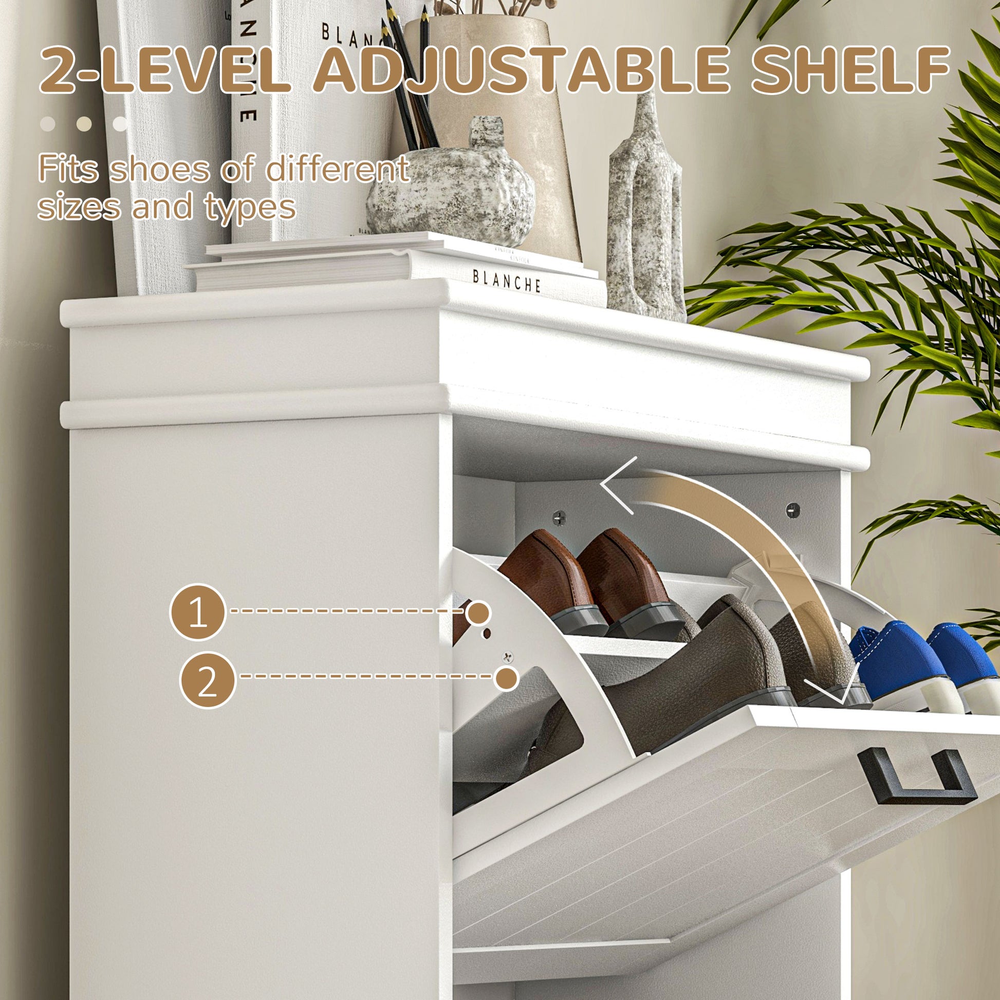Shoe Storage Cabinet with 2 Flip Drawers and Adjustable Shelves, Narrow Shoe Cabinet for 10 Pairs of Shoes, White-Home Furnishings > Storage & Organization > Shoe Storage Cabinets & Racks-DECOROLALA