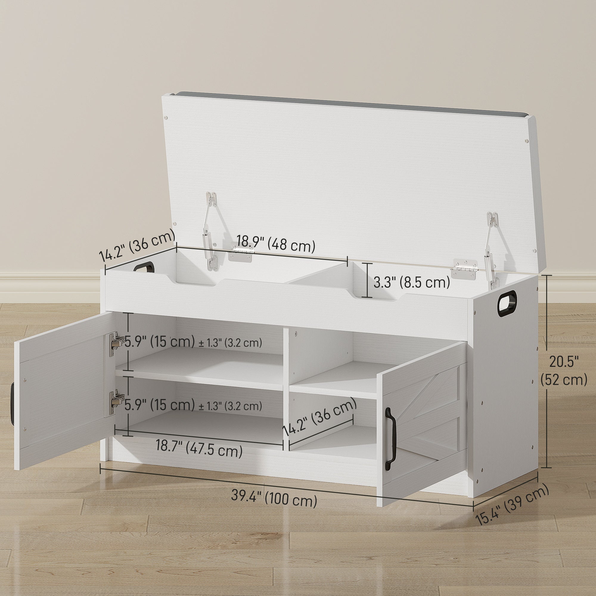 Shoe Storage Entryway Bench - White Padded Cushion 39"-Home Furnishings > Storage & Organization > Shoe Storage Cabinets & Racks-DECOROLALA