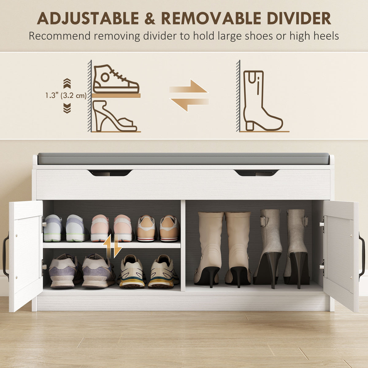 Shoe Storage Entryway Bench - White Padded Cushion 39"-Home Furnishings > Storage & Organization > Shoe Storage Cabinets & Racks-DECOROLALA