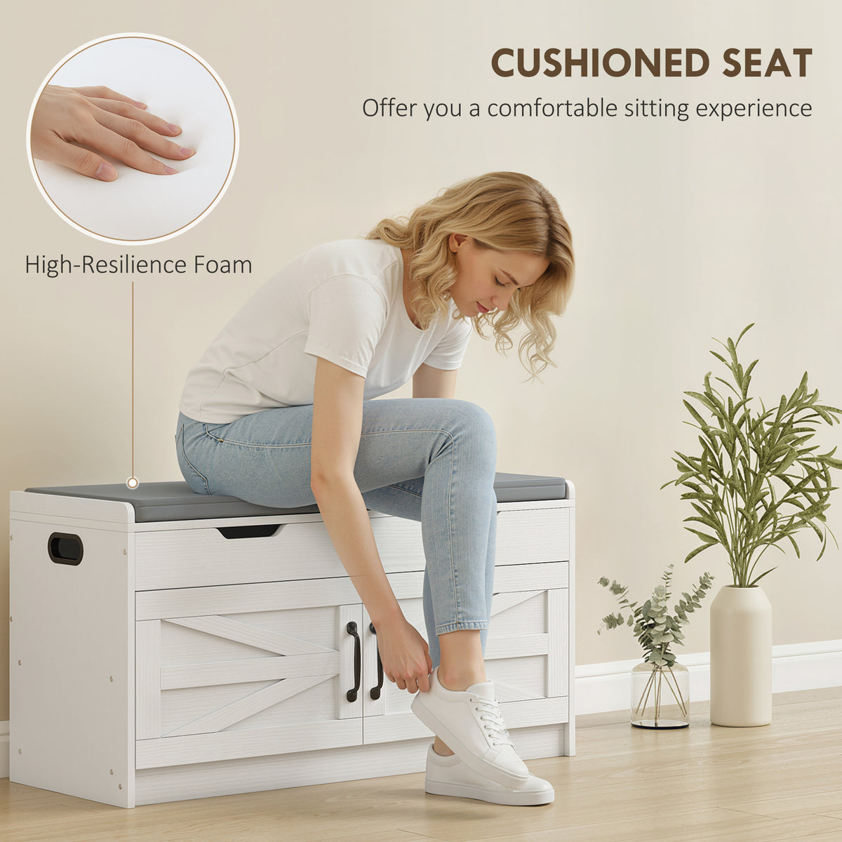 Shoe Storage Entryway Bench - White Padded Cushion 39"-Home Furnishings > Storage & Organization > Shoe Storage Cabinets & Racks-DECOROLALA