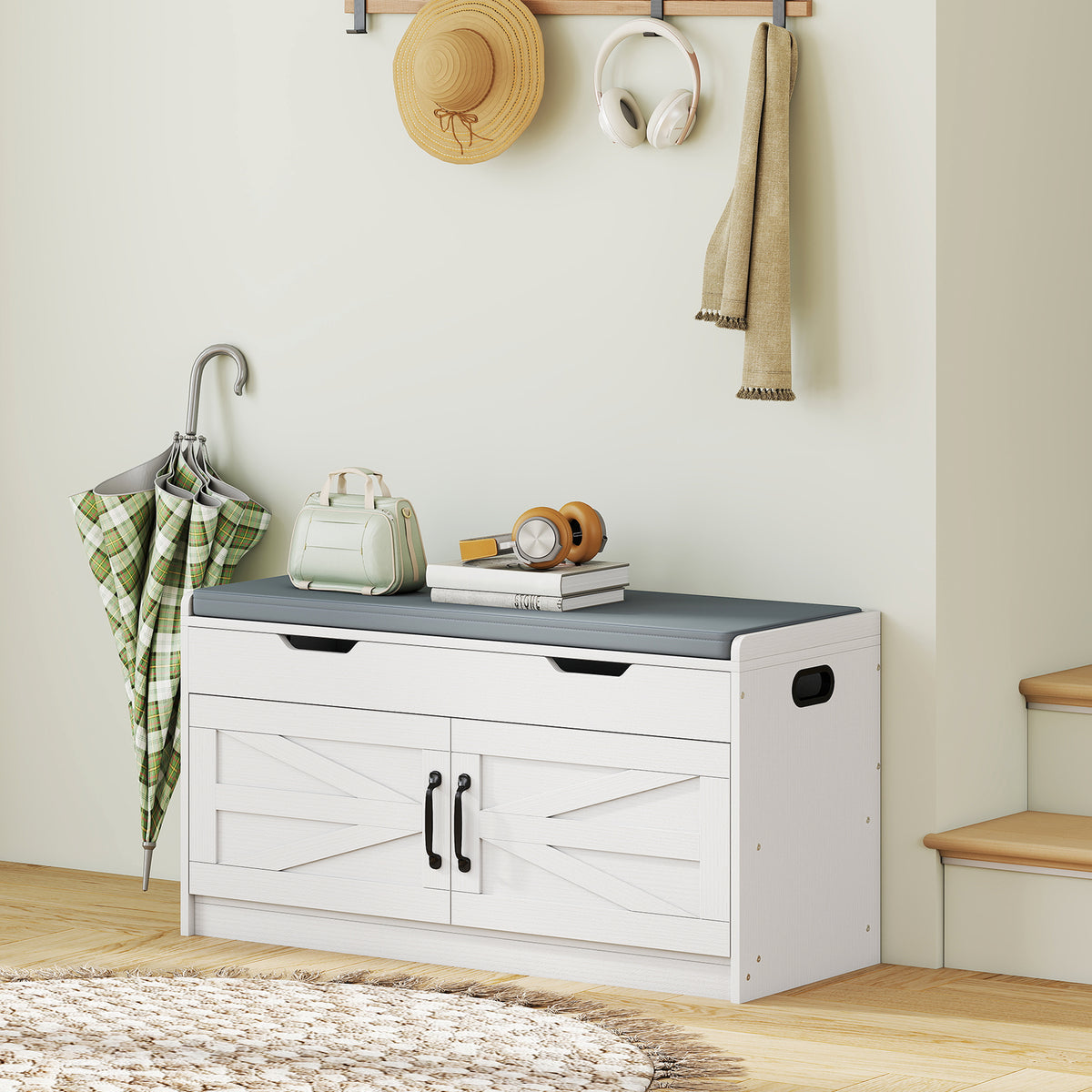 Shoe Storage Entryway Bench - White Padded Cushion 39"-Home Furnishings > Storage & Organization > Shoe Storage Cabinets & Racks-DECOROLALA