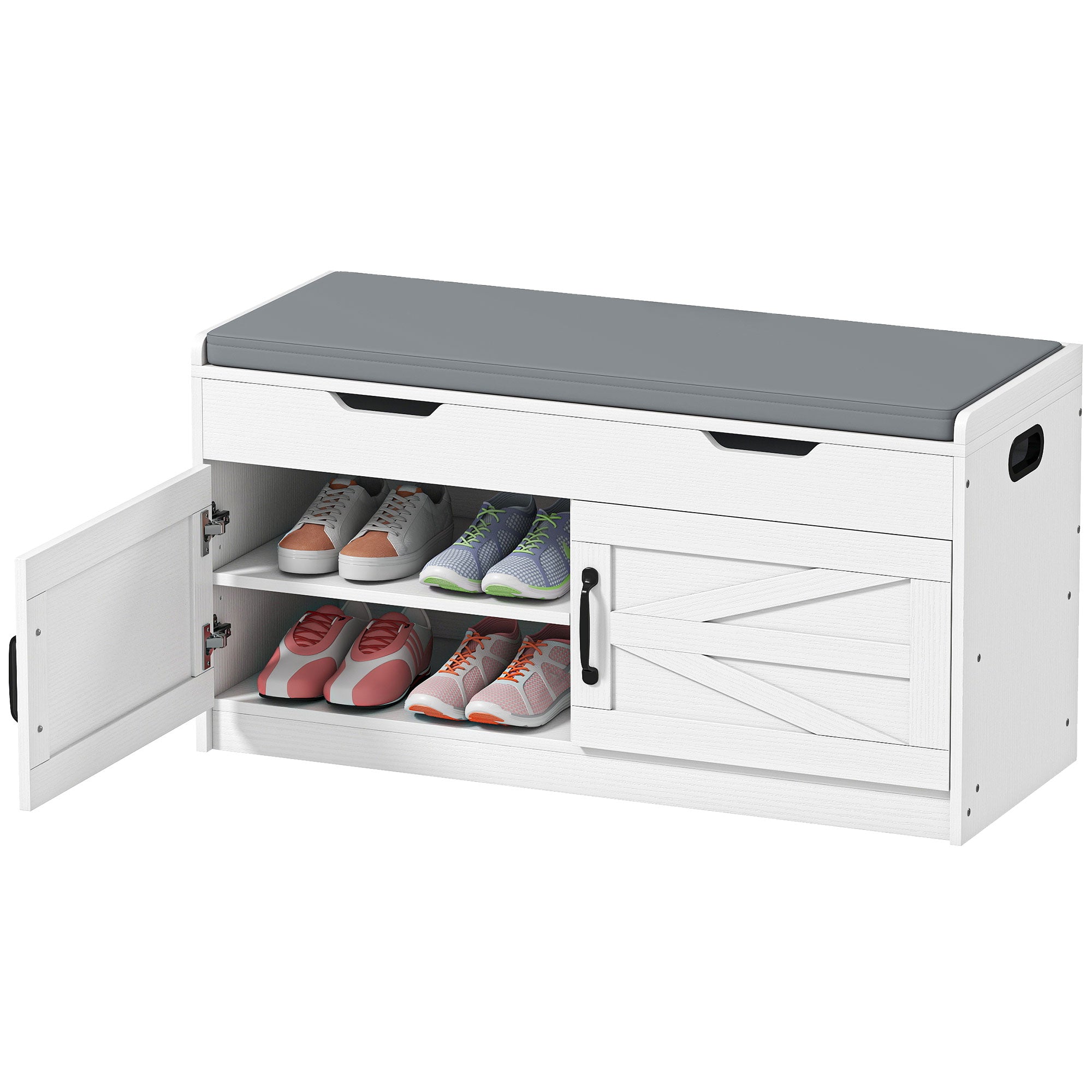 Shoe Storage Entryway Bench - White Padded Cushion 39"-Home Furnishings > Storage & Organization > Shoe Storage Cabinets & Racks-DECOROLALA