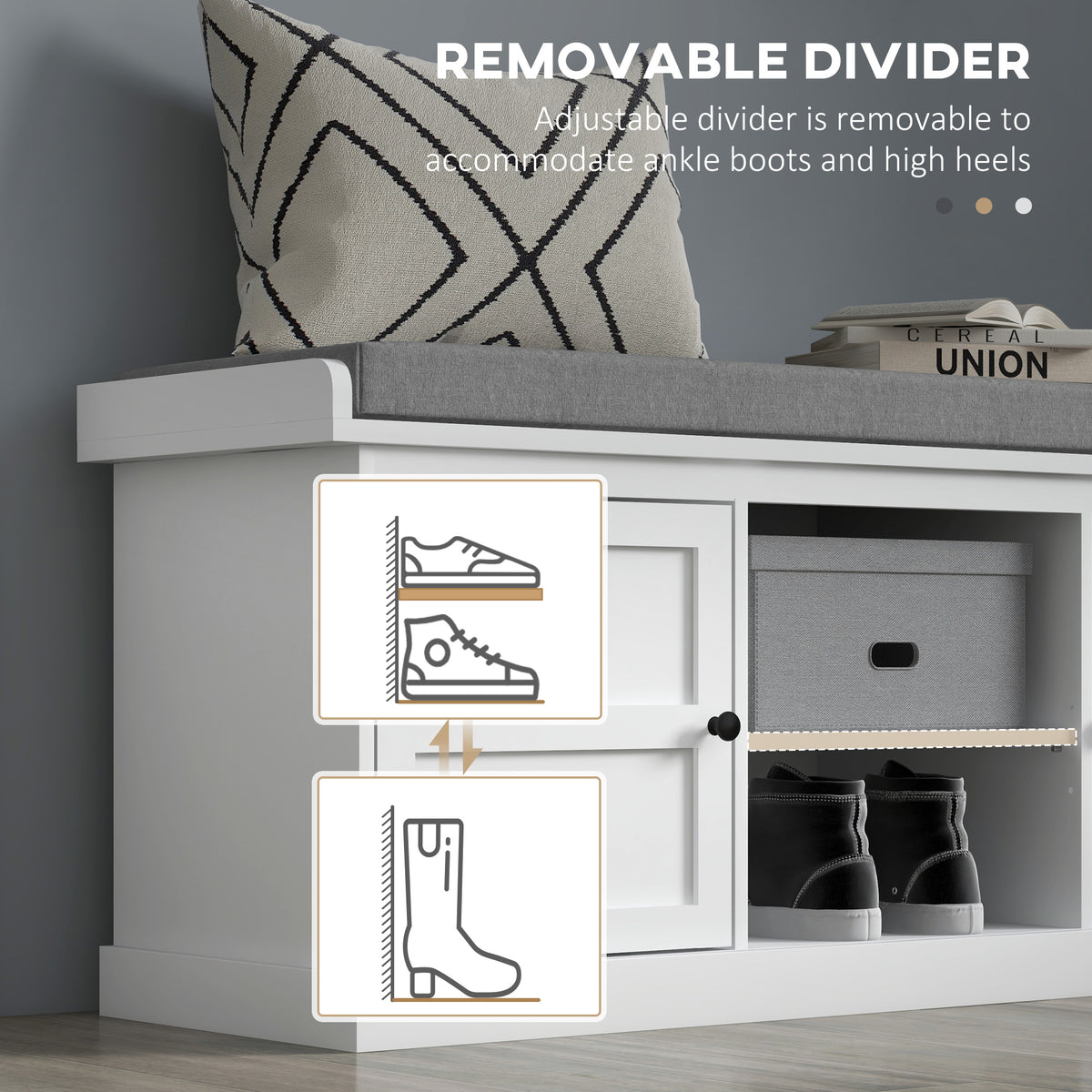 Shoe Storage Entryway Bench with Cushion - White/Grey-Home Furnishings > Storage & Organization > Shoe Storage Cabinets & Racks-DECOROLALA