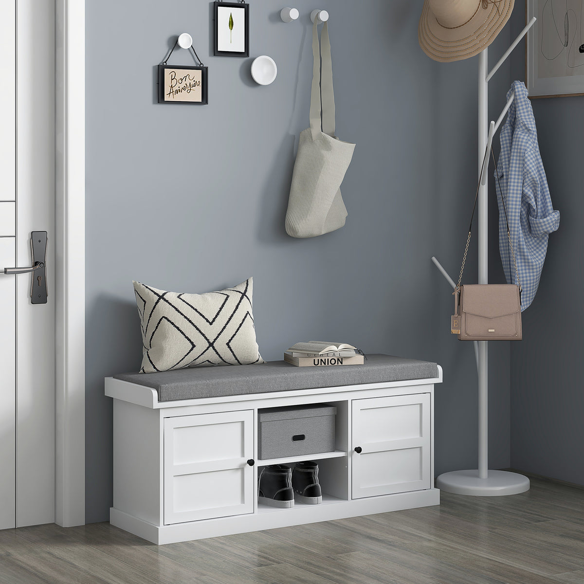 Shoe Storage Entryway Bench with Cushion - White/Grey-Home Furnishings > Storage & Organization > Shoe Storage Cabinets & Racks-DECOROLALA