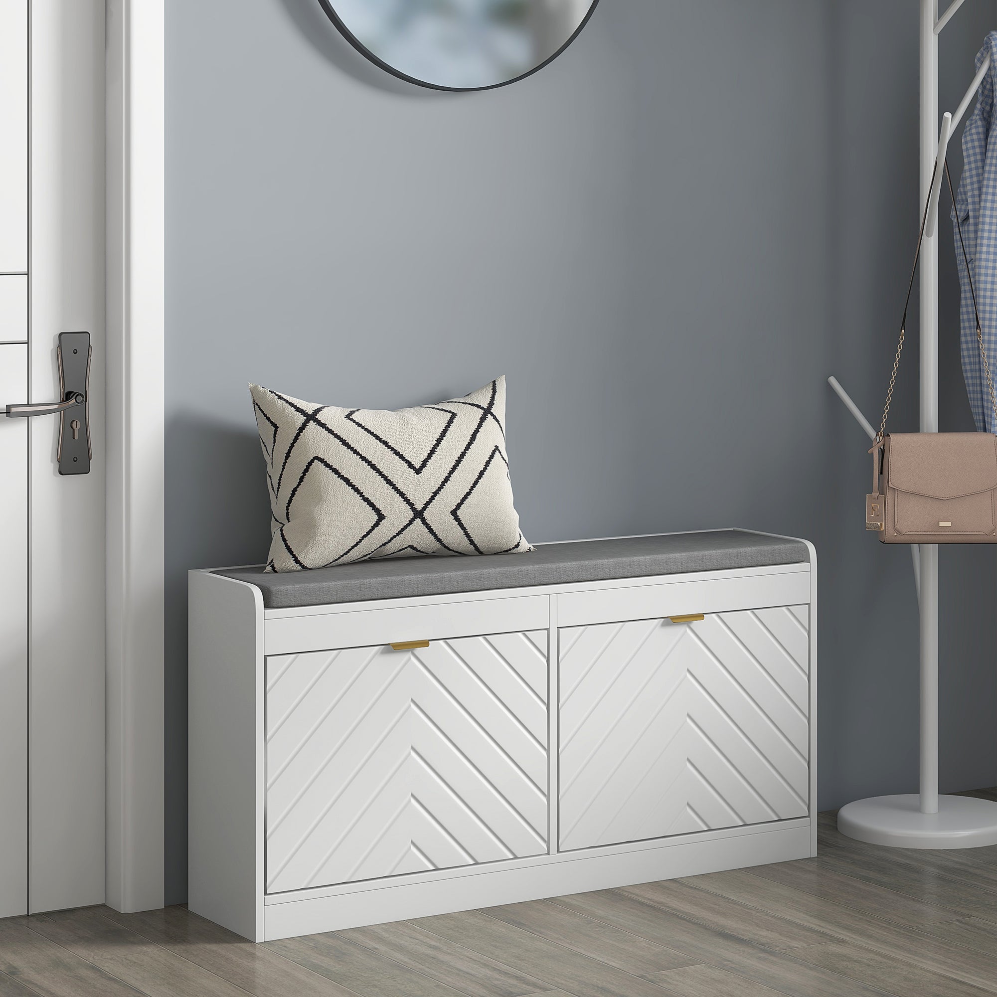 Shoe Storage with Seat, Upholstered Hallway Bench, Shoe Bench with 2 Flip Drawers and 4 Vents for 8 Pairs of Shoes-Home Furnishings > Storage & Organization > Shoe Storage Cabinets & Racks-DECOROLALA