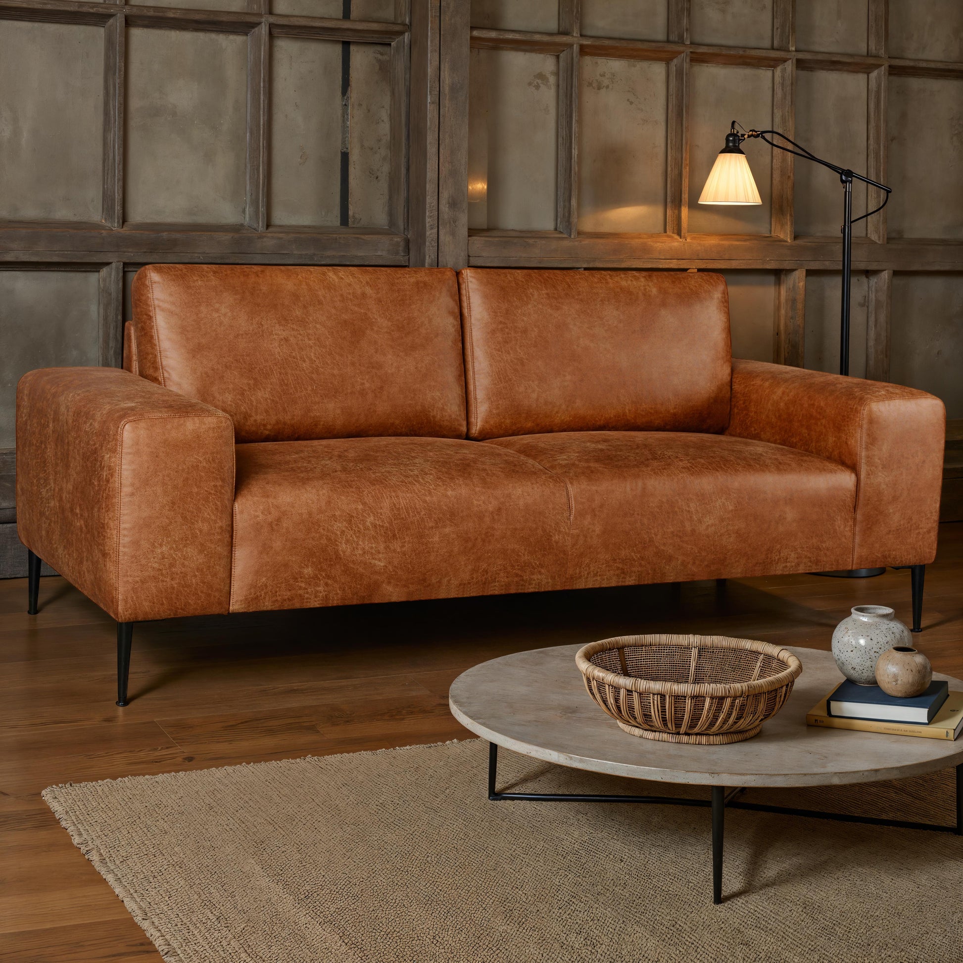 Shonda 84 in. Tan Faux Leather Sofa-Furniture > Sofas-DECOROLALA