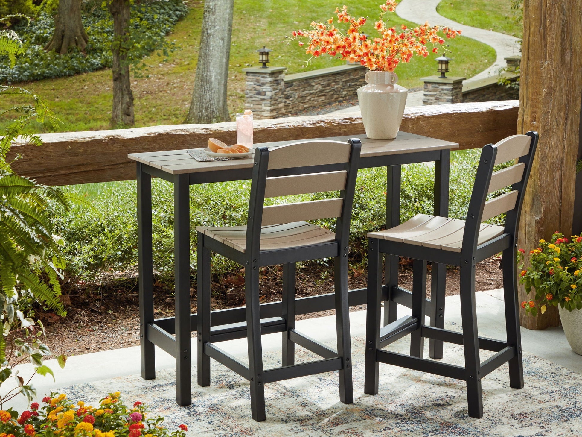 Shoreline Beach Outdoor Counter Table & 2 Barstools Black-3 Piece Outdoor Sets-DECOROLALA