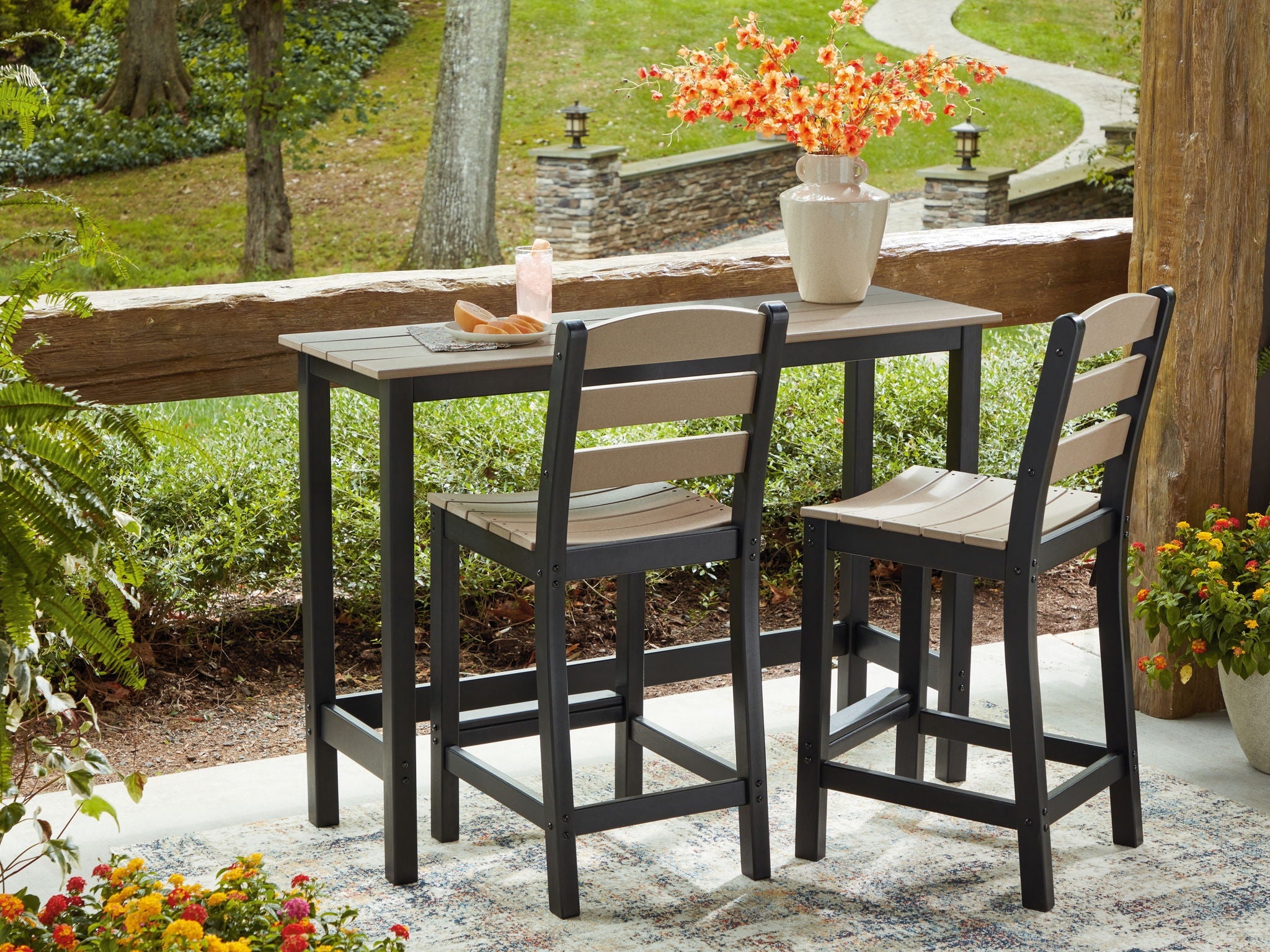 Shoreline Beach Outdoor Counter Table & 2 Barstools Black-3 Piece Outdoor Sets-DECOROLALA