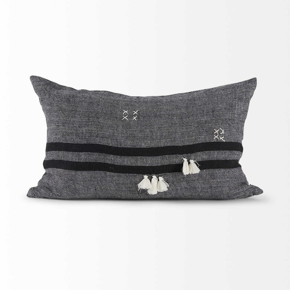 Sibyl 13x21 Black Fabric Striped and White Fringed Pillow Cover-Decorative Pillows-DECOROLALA
