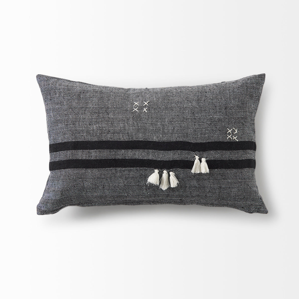 Sibyl 13x21 Black Fabric Striped and White Fringed Pillow Cover-Decorative Pillows-DECOROLALA