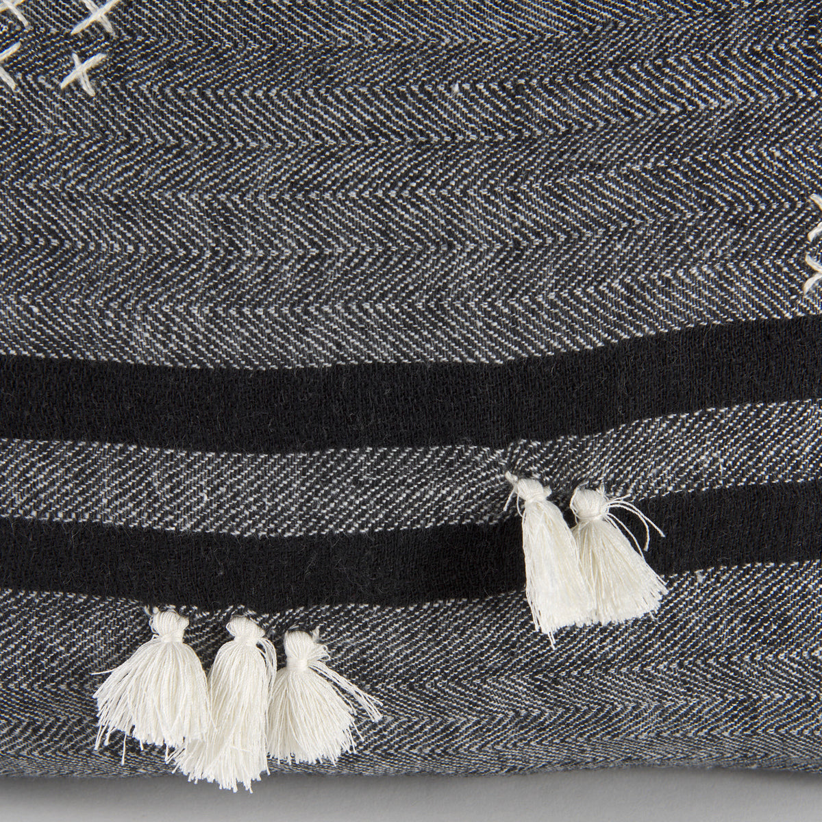 Sibyl 13x21 Black Fabric Striped and White Fringed Pillow Cover-Decorative Pillows-DECOROLALA