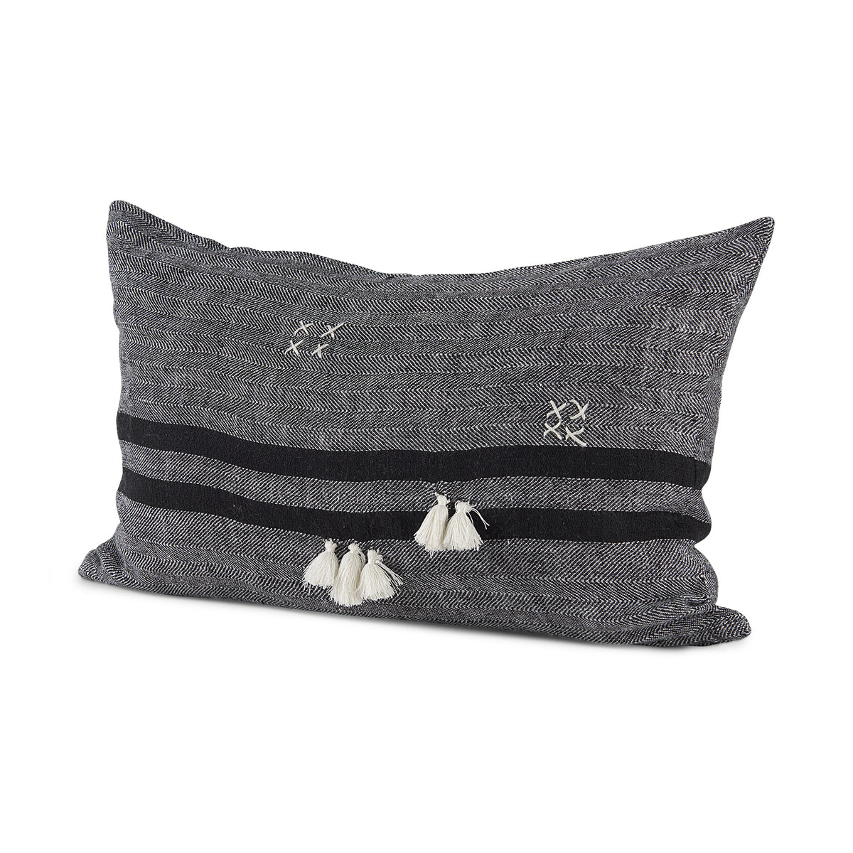 Sibyl 13x21 Black Fabric Striped and White Fringed Pillow Cover w/Down Filler-Decorative Pillows-DECOROLALA