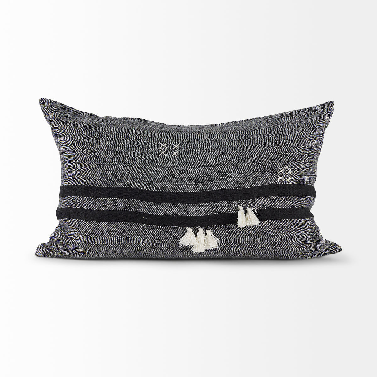 Sibyl 13x21 Black Fabric Striped and White Fringed Pillow Cover w/Down Filler-Decorative Pillows-DECOROLALA