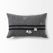 Sibyl 13x21 Black Fabric Striped and White Fringed Pillow Cover w/Down Filler-Decorative Pillows-DECOROLALA