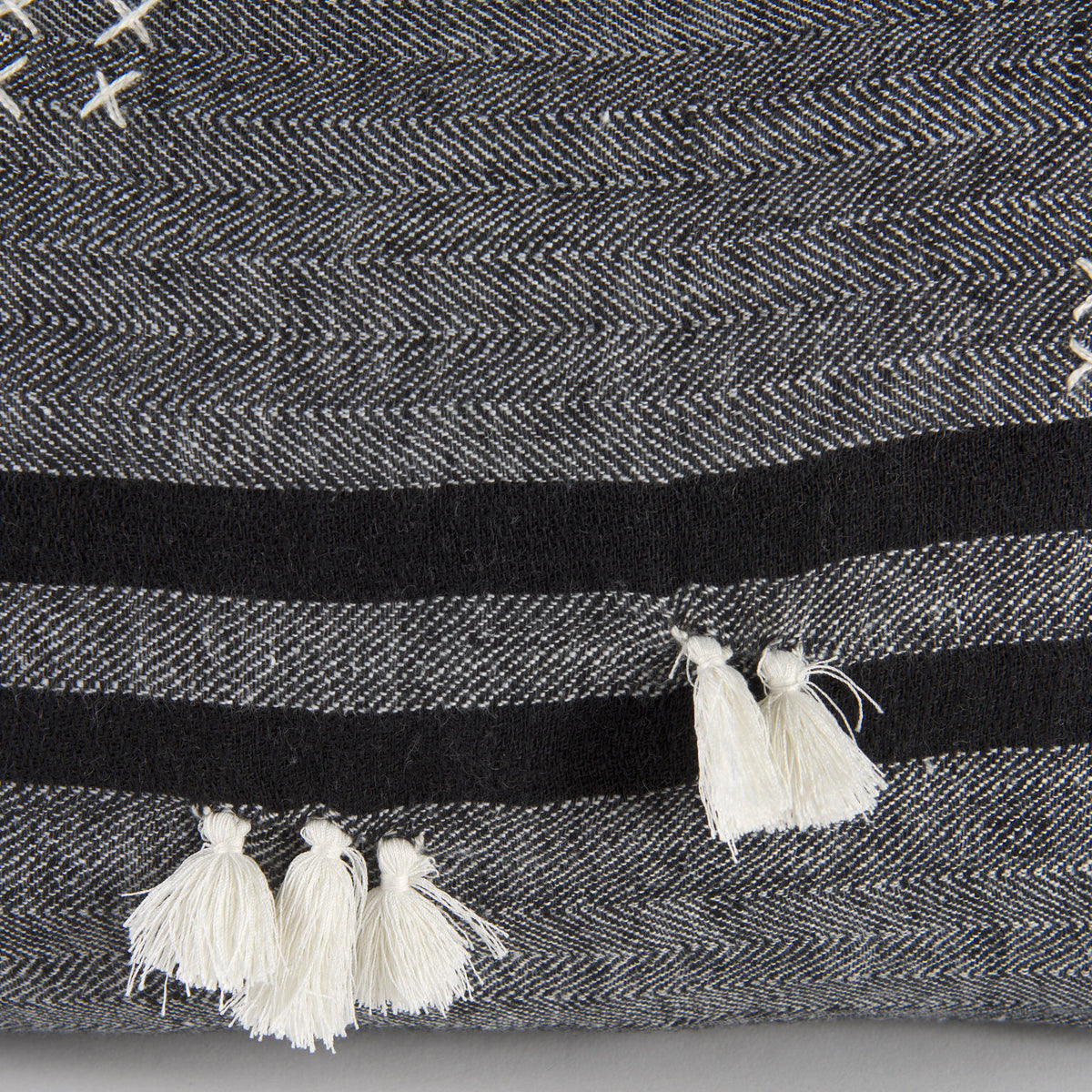 Sibyl 13x21 Black Fabric Striped and White Fringed Pillow Cover w/Non-Allergen Filler-Decorative Pillows-DECOROLALA