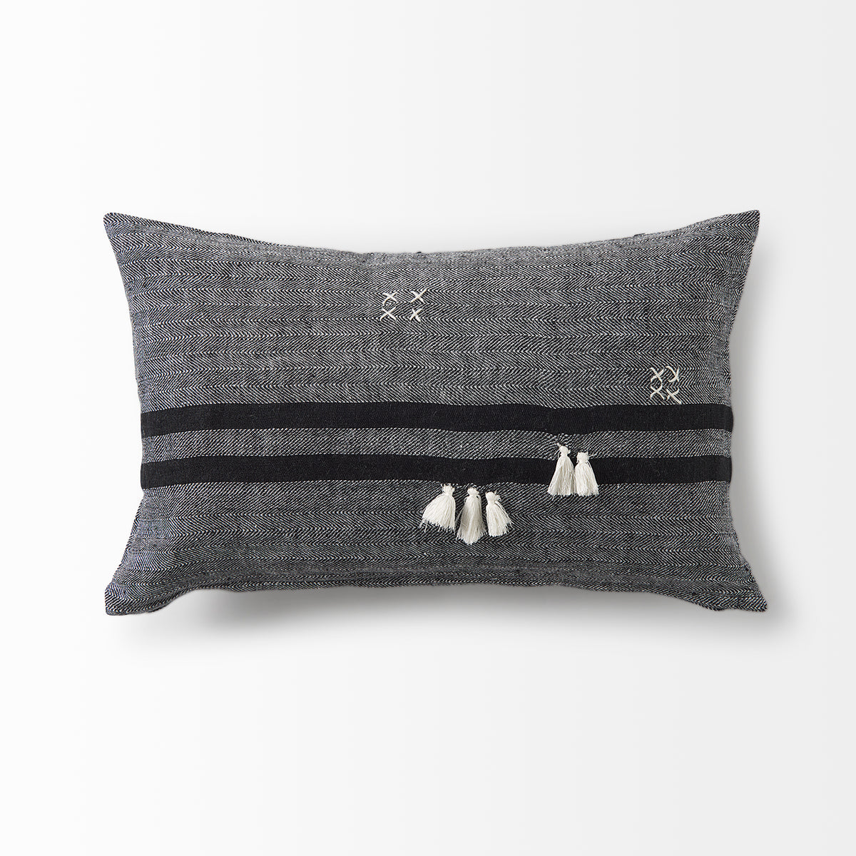 Sibyl Black Striped White Fringed Pillow (min order qty 2)-Decorative Pillows-DECOROLALA