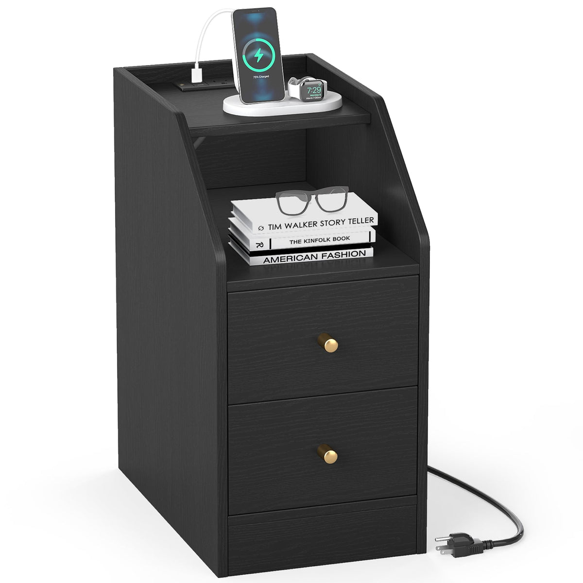 Side End Table with Charging Station Sofa Couch Table with Shelf Drawers-Black-End & Side Tables-DECOROLALA