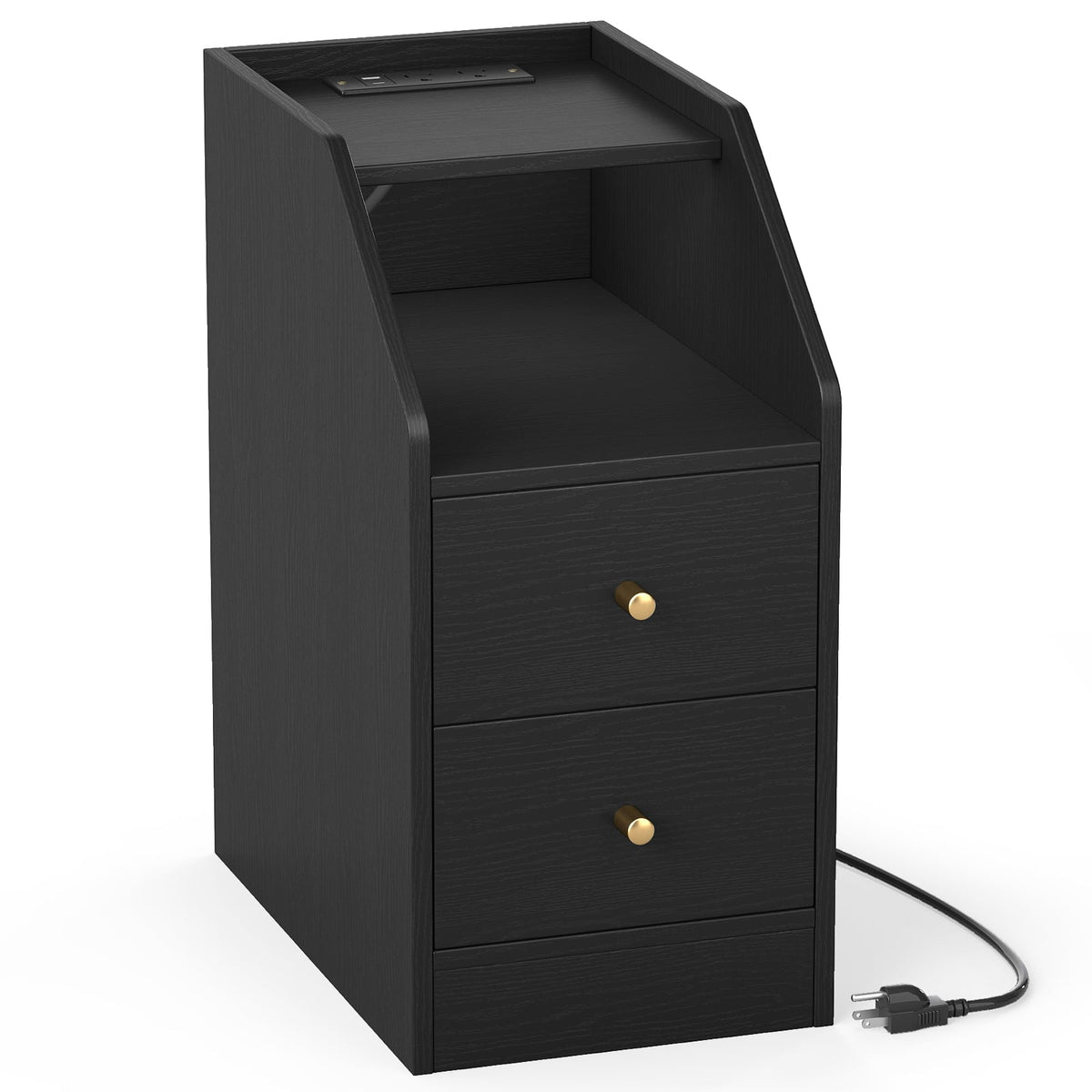 Side End Table with Charging Station Sofa Couch Table with Shelf Drawers-Black-End & Side Tables-DECOROLALA