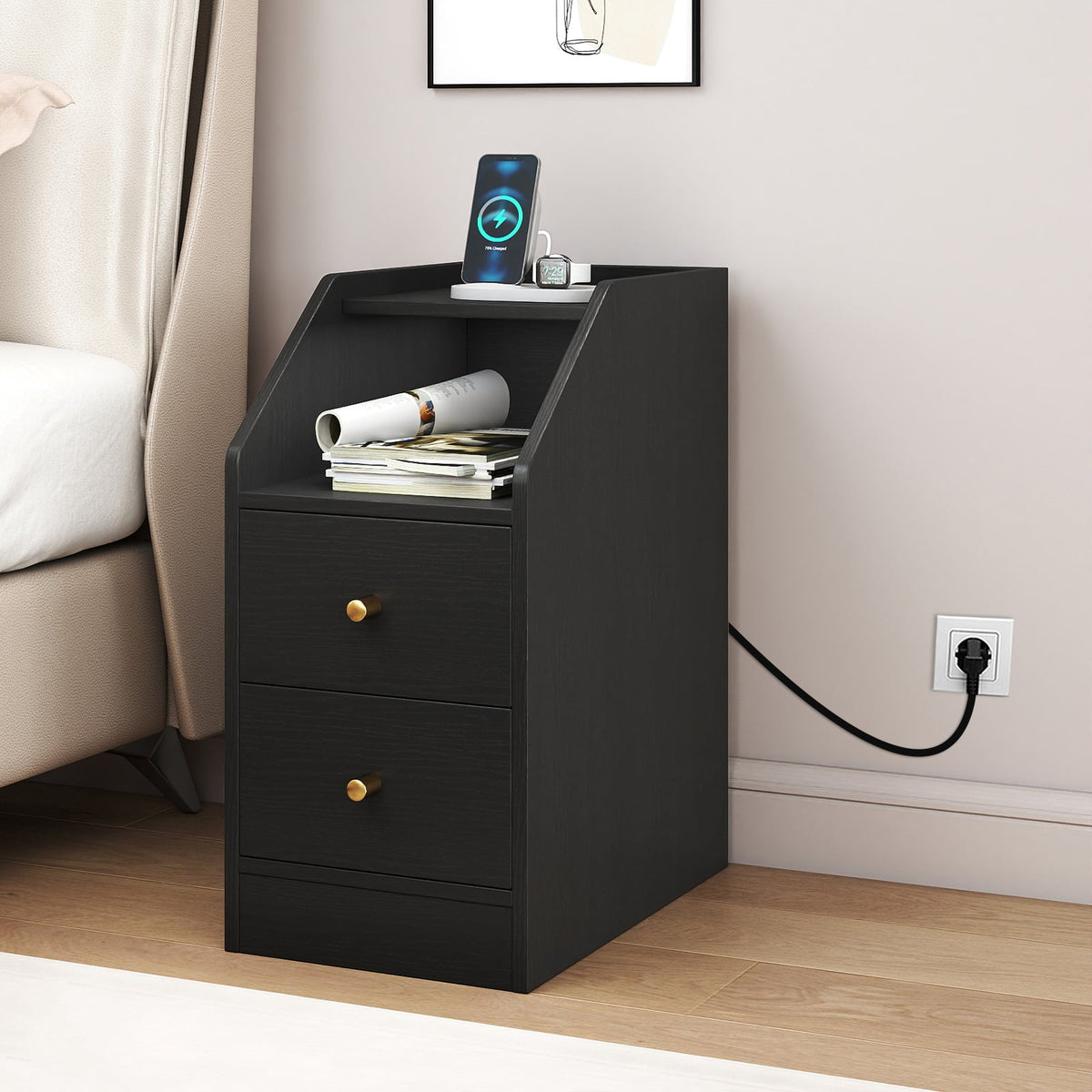 Side End Table with Charging Station Sofa Couch Table with Shelf Drawers-Black-End & Side Tables-DECOROLALA